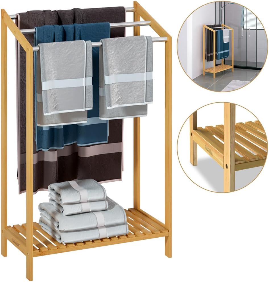 CASARIA® 2er Set Handtuchhalter Stehend Bambus Holz 3 Edelstahl Stangen 85x51x31cm Handtuchständer Freistehend Ablage Bad Handtuchstange Ohne Bohren — Ansicht 4