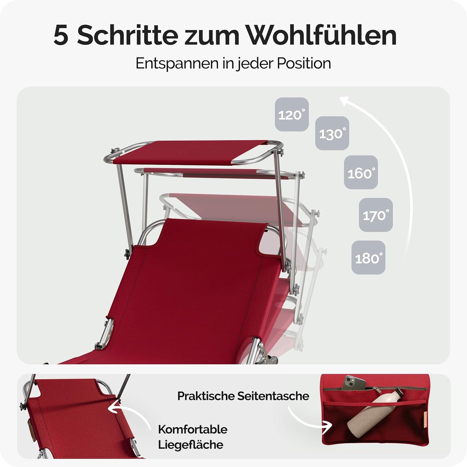 Casaria® 2er Set Sonnenliege Klappbar Wetterfest Gartenliege Mit Dach Seitentasche 150kg Belastbar Alu Liegestuhl Leicht Relaxliege Strand Pool Rot — Ansicht 3