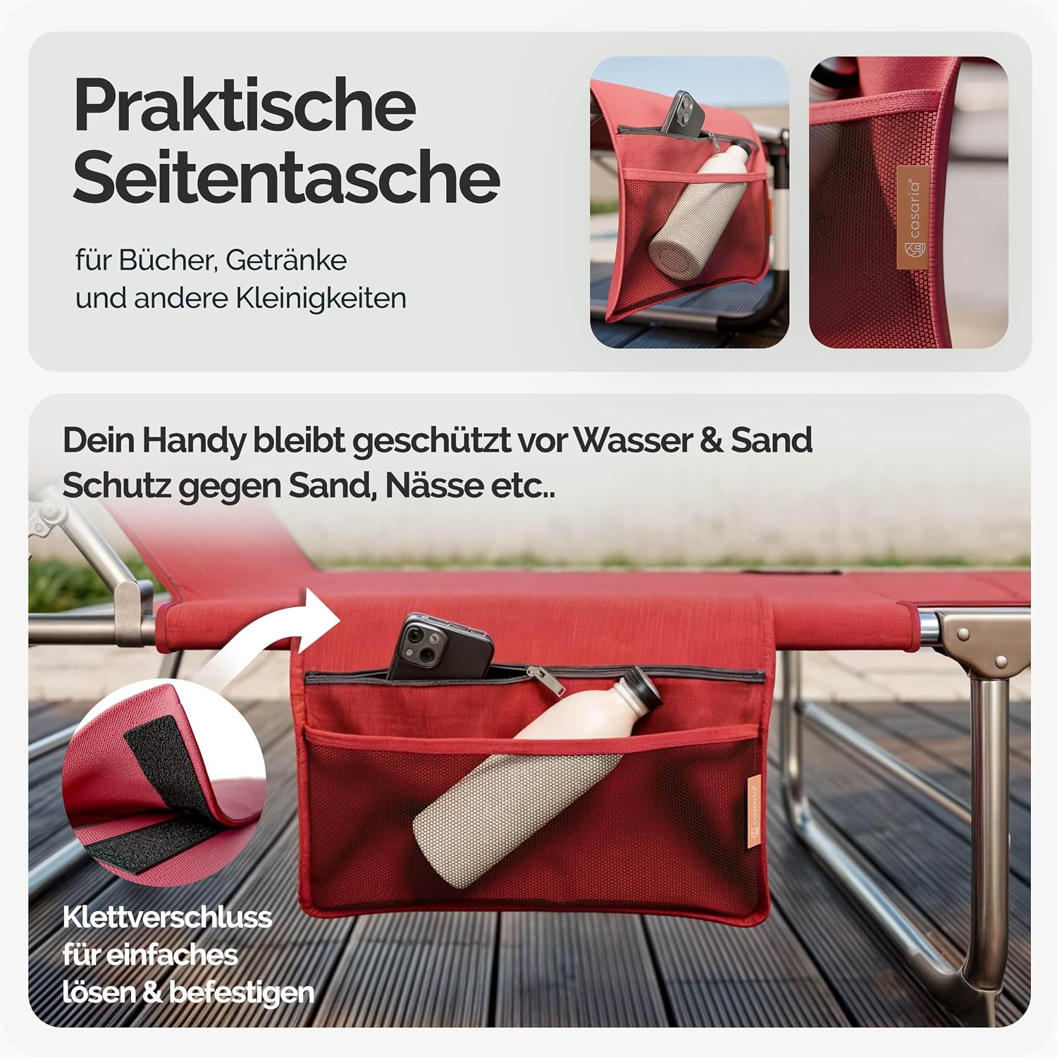 Casaria® 2er Set Sonnenliege Klappbar Wetterfest Gartenliege Mit Dach Seitentasche 150kg Belastbar Alu Liegestuhl Leicht Relaxliege Strand Pool Rot — Ansicht 4