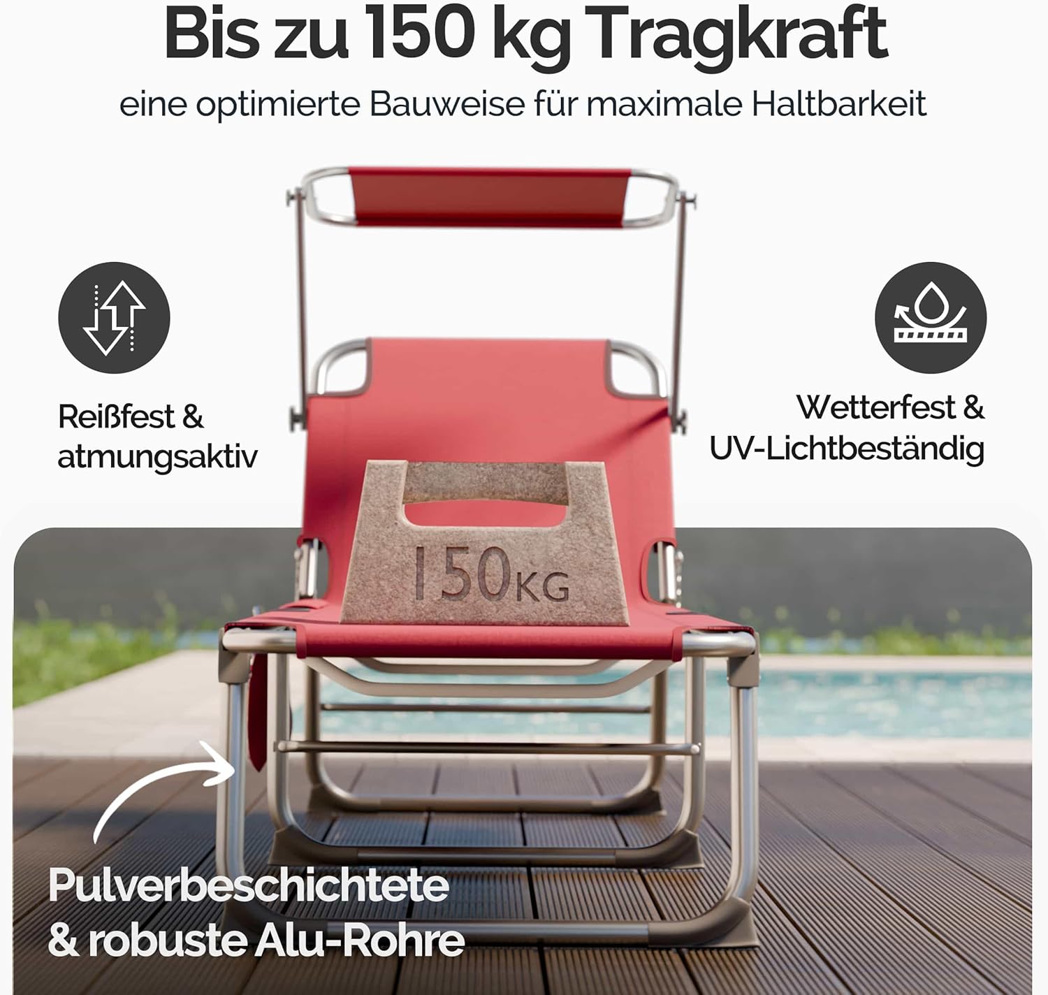 Casaria® 2er Set Sonnenliege Klappbar Wetterfest Gartenliege Mit Dach Seitentasche 150kg Belastbar Alu Liegestuhl Leicht Relaxliege Strand Pool Rot — Ansicht 6