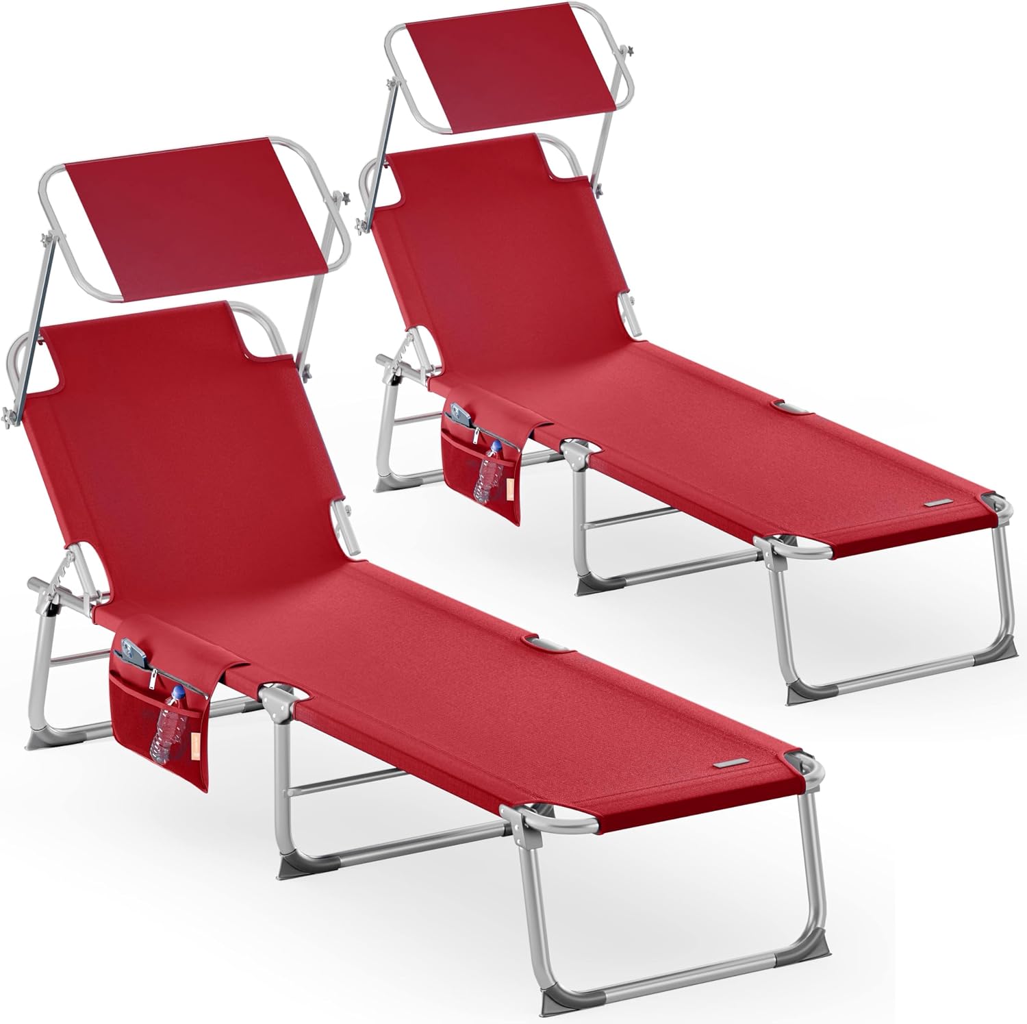Casaria® 2er Set Sonnenliege Klappbar Wetterfest Gartenliege Mit Dach Seitentasche 150kg Belastbar Alu Liegestuhl Leicht Relaxliege Strand Pool Rot