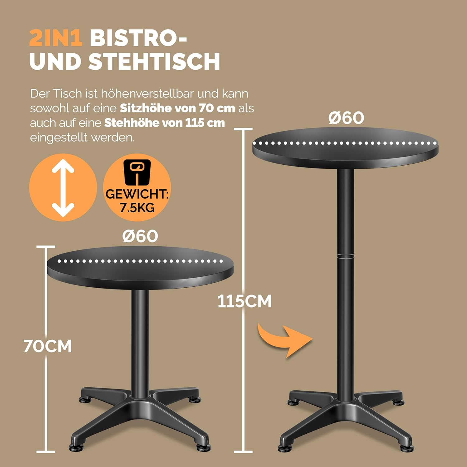 Casaria® 2in1 Stehtisch Höhenverstellbar 2er Set 70/115 cm Aluminium Ø 60 cm Rund Wetterfest Outdoor Indoor Camping Bistrotisch Balkonmöbel Schwarz — Ansicht 3