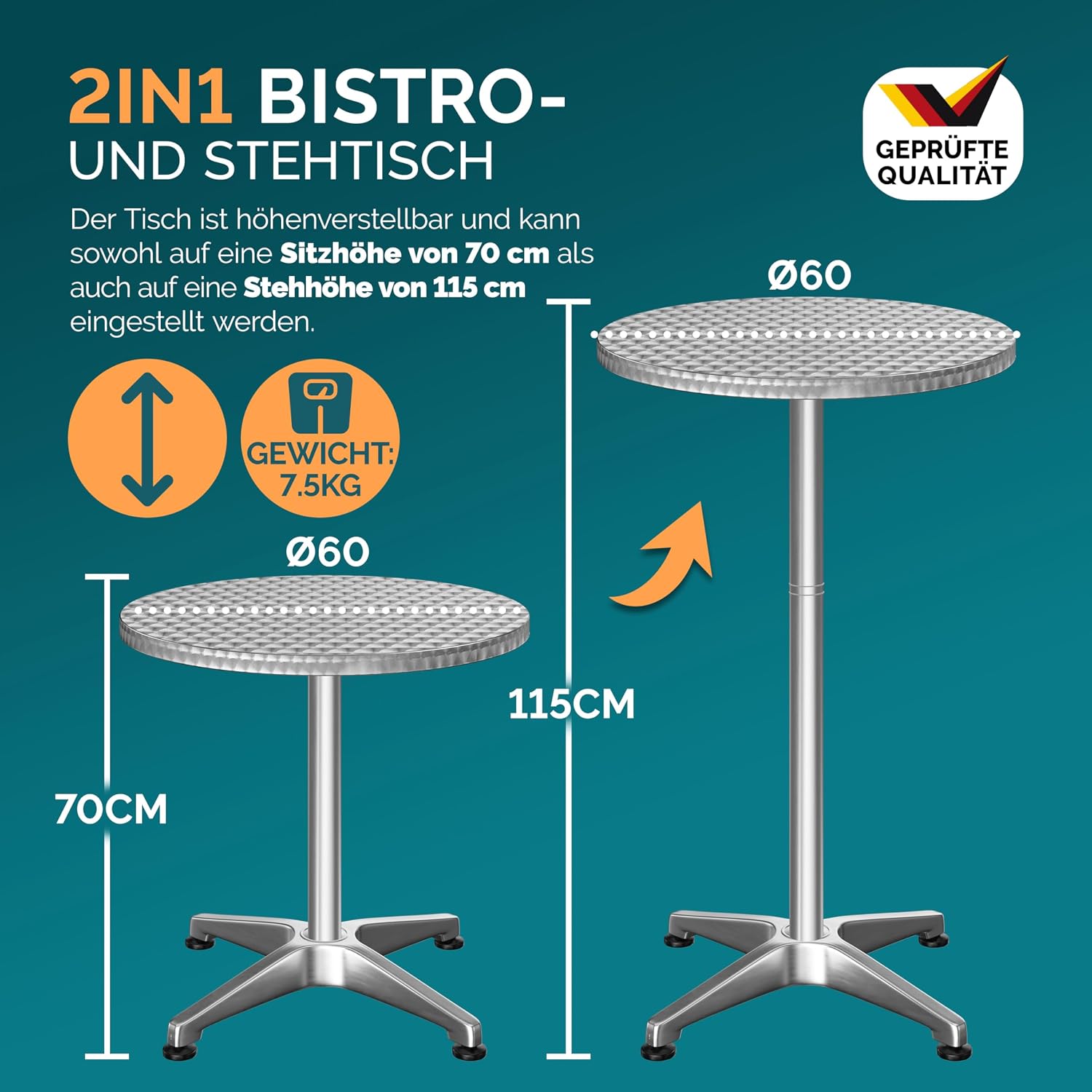 Casaria® 2in1 Stehtisch mit Husse Klappbar Höhenverstellbar 70 cm / 115 cm Hoch Alu Rund Ø60 cm Wetterfest Outdoor Bistro Party Biertisch Anthrazit — Ansicht 2