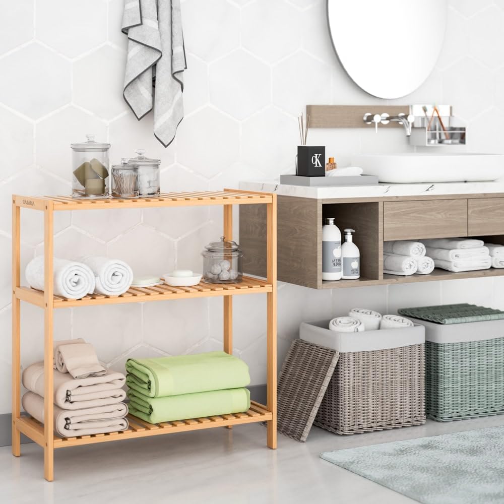 Casaria® 2X Badezimmer Regal Stehend Bambus Holz 3 Ablagen 30kg Belastbarkeit Badregal Schmal Küche Flur Büro Beistellregal Holzregal Klarlack 58x26cm — Ansicht 2