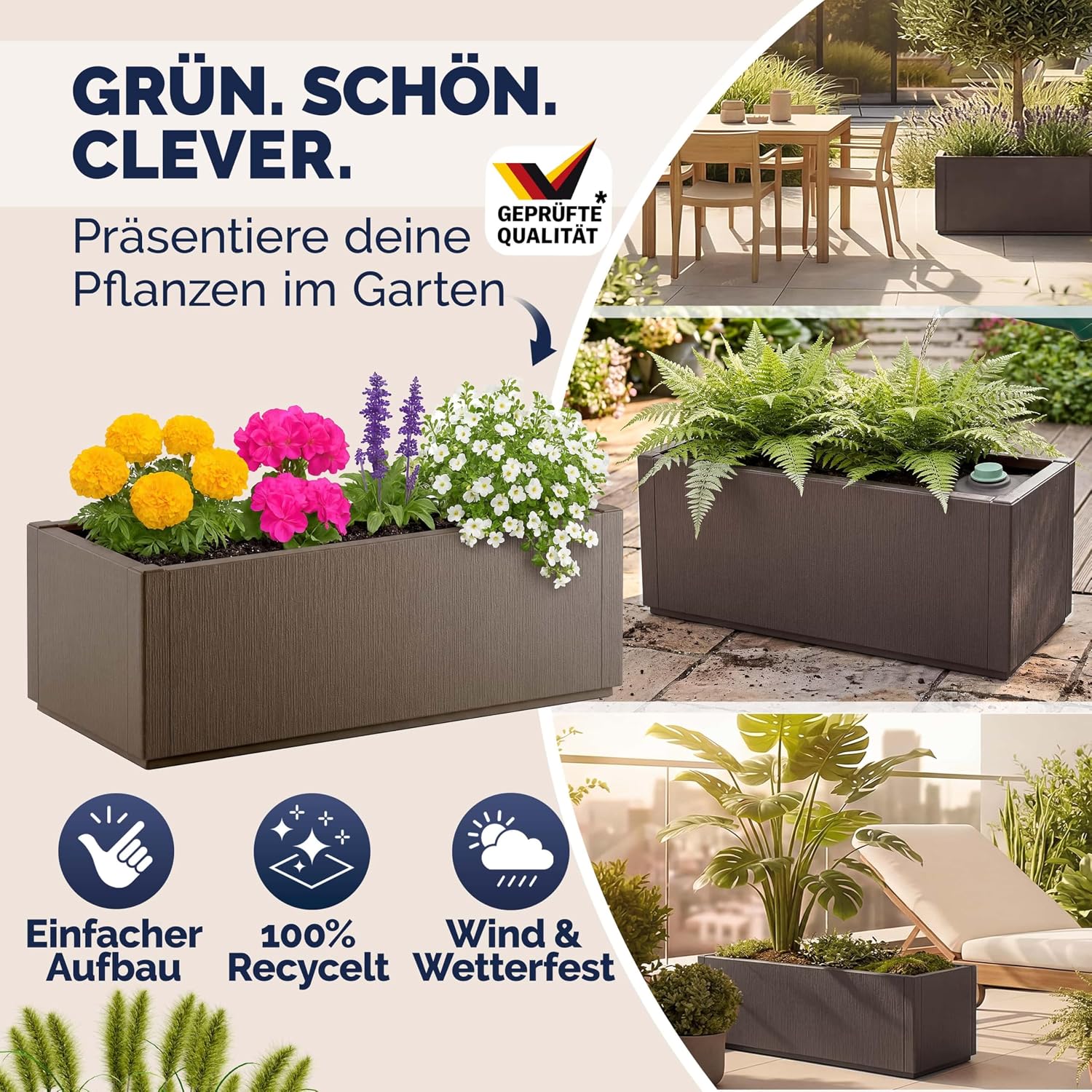 Casaria® 2X Blumenkasten 'Ethica' 80L 80x36x35cm Ablaufboden Kunststoff Winterfest Garten Pflanzkübel Übertopf Pflanzkasten Blumenkübel Braun — Ansicht 5