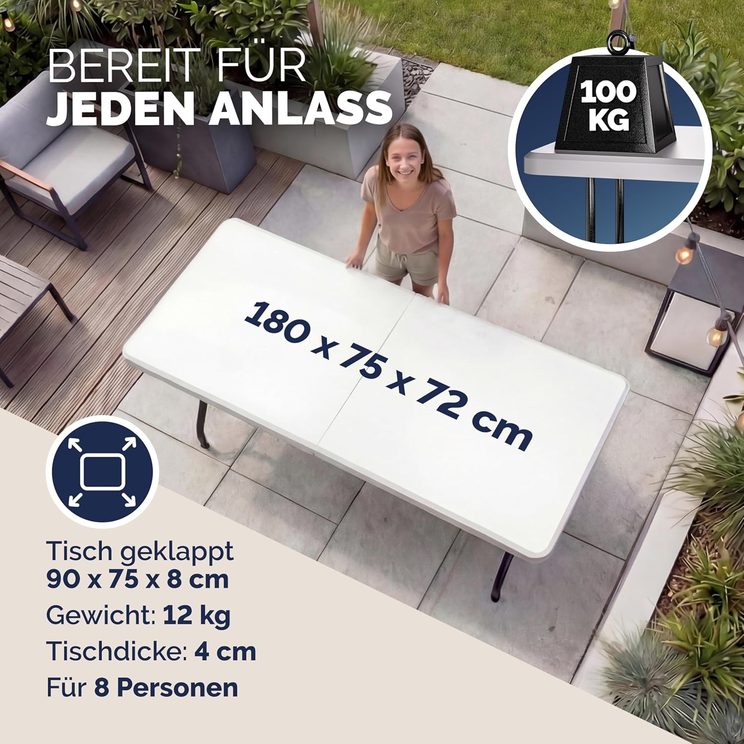 Casaria® 2X Gartentisch 183x76cm Klappbar Wetterfest Tragbar Kunststoff Garten Terrasse Camping Balkontisch Klapptisch Campingtisch Buffettisch Weiß — Ansicht 2