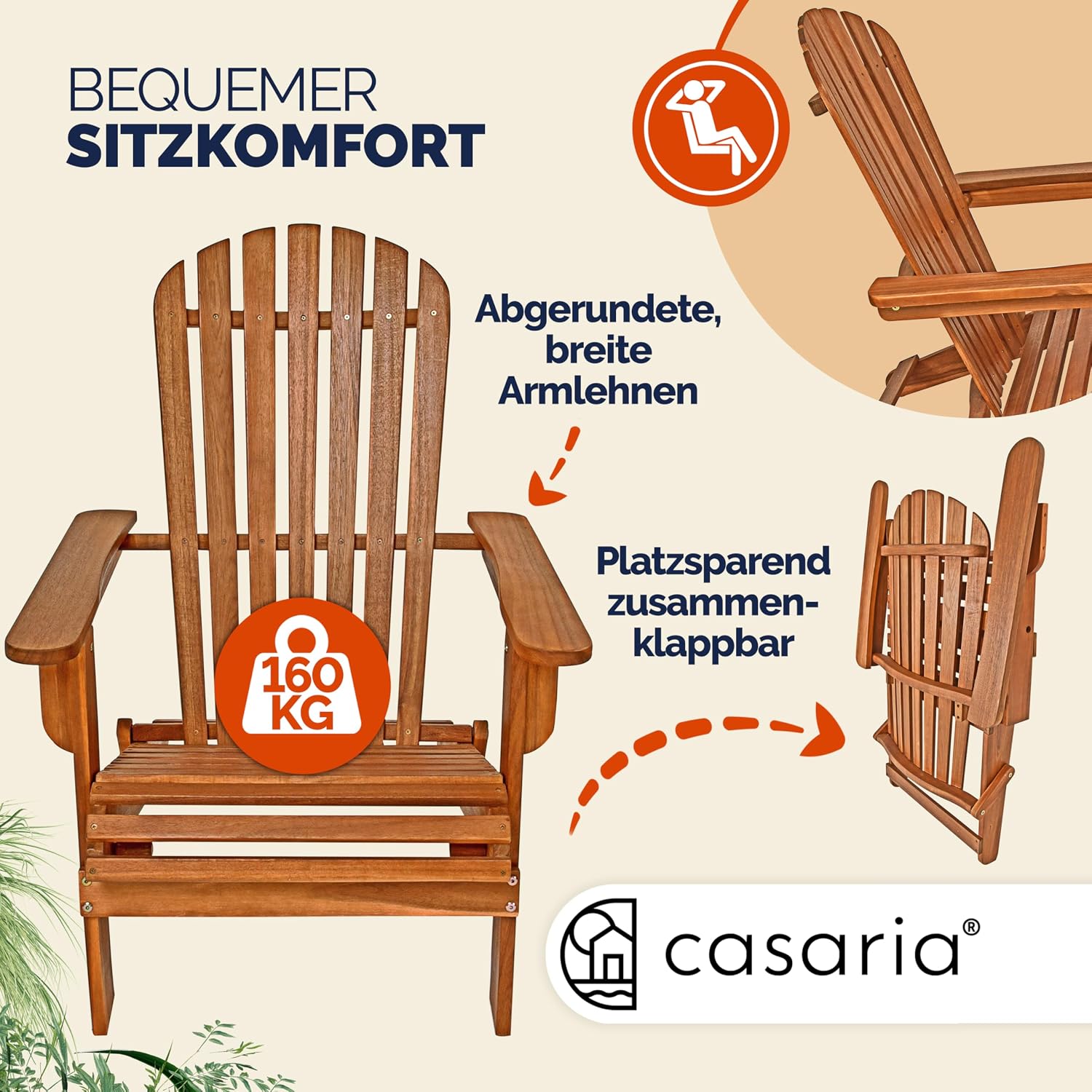 Casaria® 2X Sonnenliege Holz Wetterfest Klappbar 160kg Belastbarkeit XXL Armlehnen Rückenlehne Garten Balkon Terrasse Holzstuhl Ergonomisch Adirondack — Ansicht 5