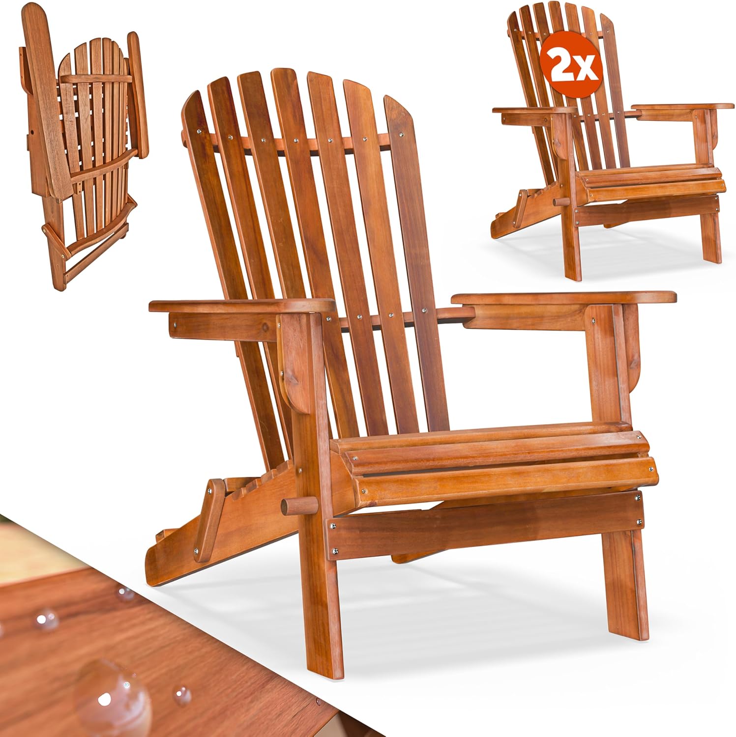 Casaria® 2X Sonnenliege Holz Wetterfest Klappbar 160kg Belastbarkeit XXL Armlehnen Rückenlehne Garten Balkon Terrasse Holzstuhl Ergonomisch Adirondack