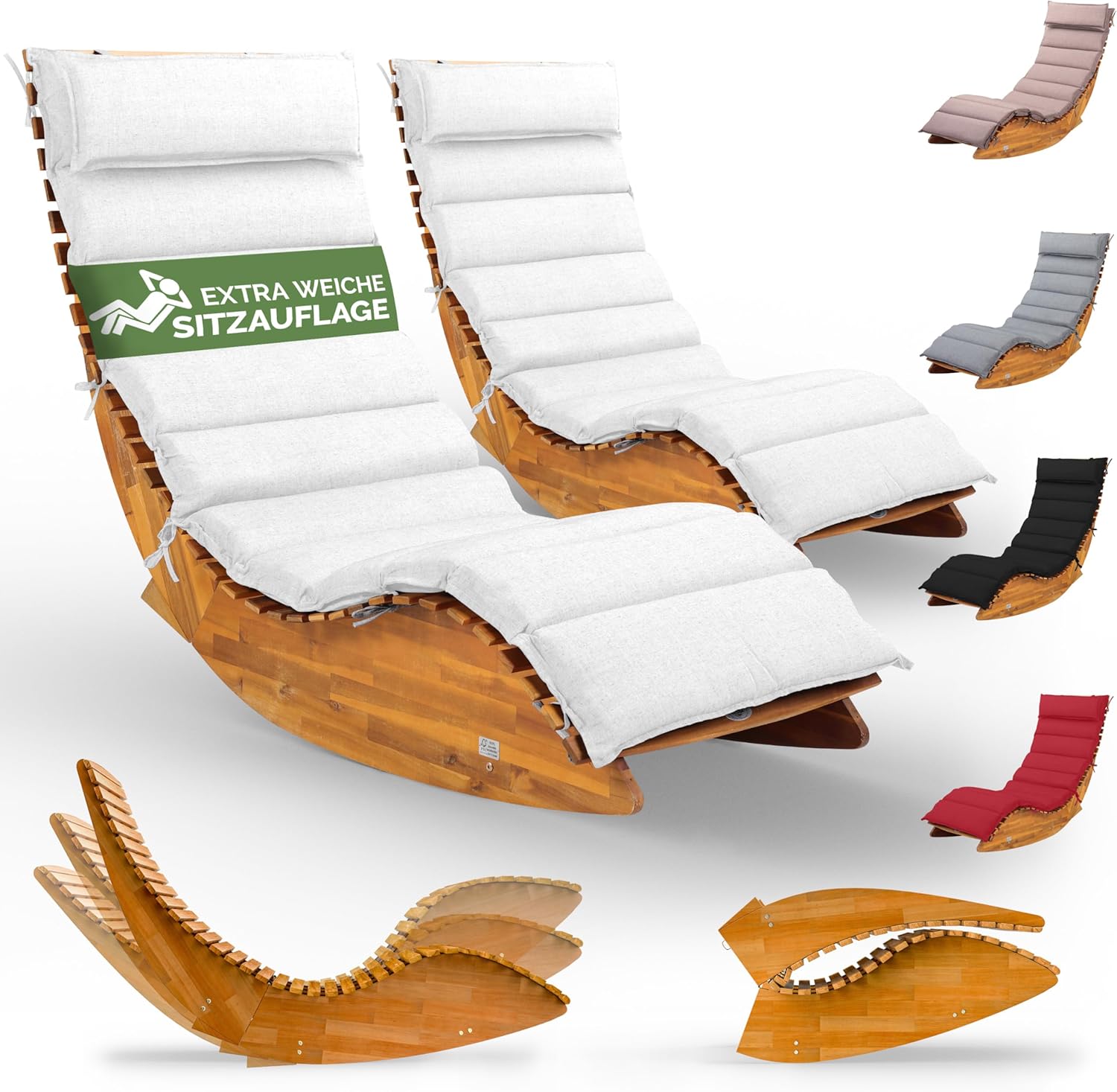 Casaria® 2X Sonnenliege inkl. Auflage 2 Personen Creme Klappbar Wetterfest Holz Garten Liege Ergonomisch 160kg Belastbarkeit FSC®-Zertifiziert Schwungliege Set Balkon 154x60cm