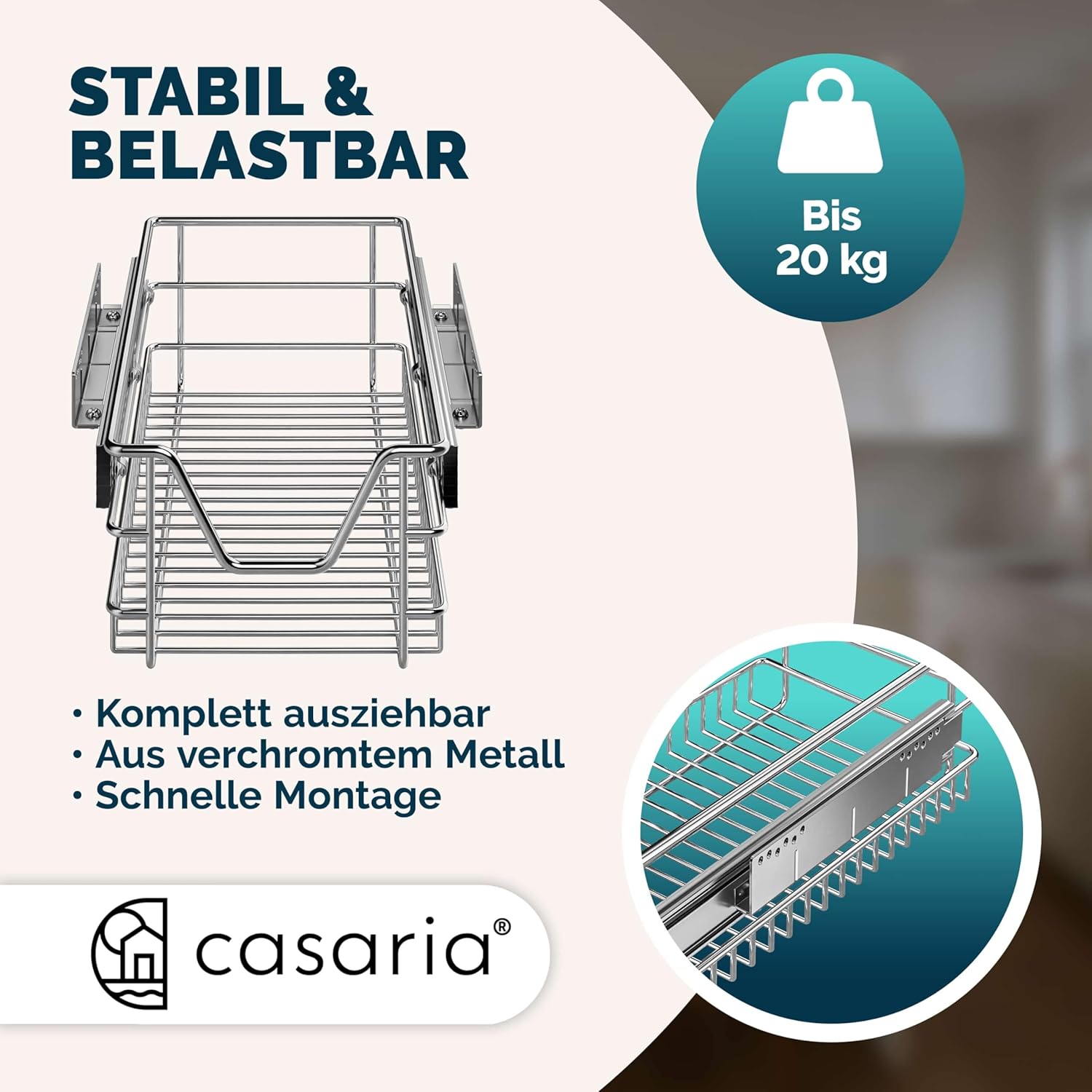 Casaria® 2x Teleskopschublade Schrank Schubladen Ausziehbar 50cm 20kg Belastbar Verchromt Korbauszug mit Zubehör Haushalt Küchenschrank Kleiderschrank — Ansicht 6