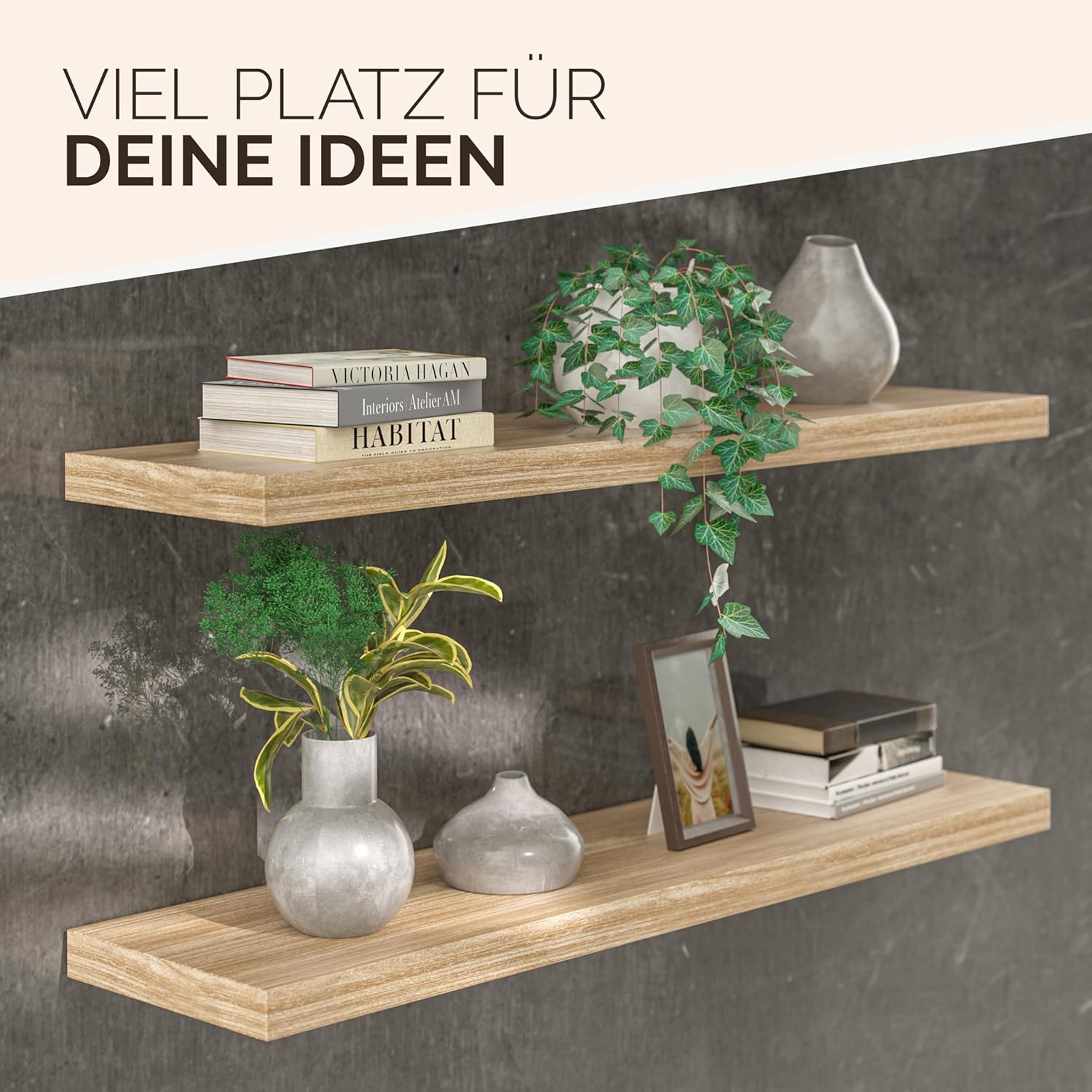 Casaria® 2X Wandregal Holz Eiche Regal mit Halterung 15kg Tragkraft Hängeregal Küche Wohnzimmer Flur Wand Schweberegal Bücherregal Regalbrett Schwebend 90cm — Ansicht 4