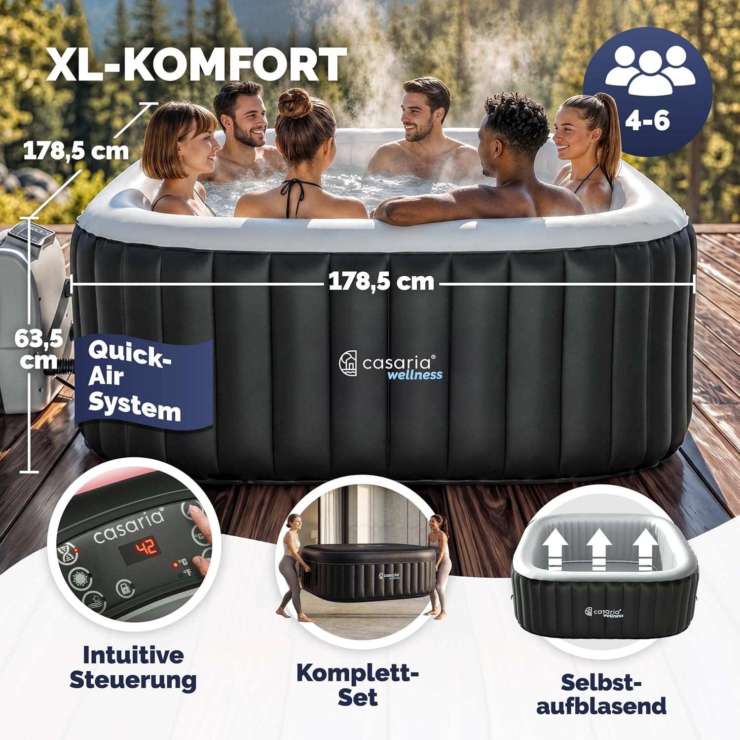 Casaria Aufblasbarer Whirlpool 178x178cm 6 Personen 140 Düsen bis 42°C Winterfest mit Frostschutz 3-lagiges PVC Spa Pool Abdeckung Filter & Zubehör Für In & Outdoor eckig — Ansicht 2