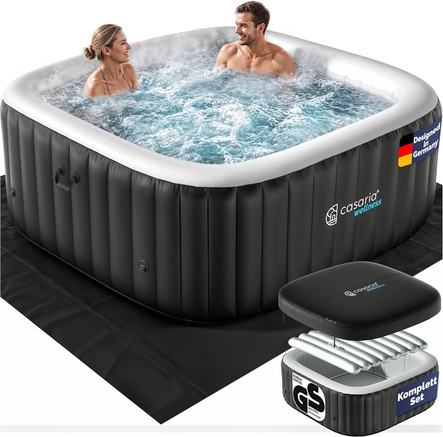 Casaria Aufblasbarer Whirlpool 178x178cm 6 Personen 140 Düsen bis 42°C Winterfest mit Frostschutz 3-lagiges PVC Spa Pool Abdeckung Filter & Zubehör Für In & Outdoor eckig