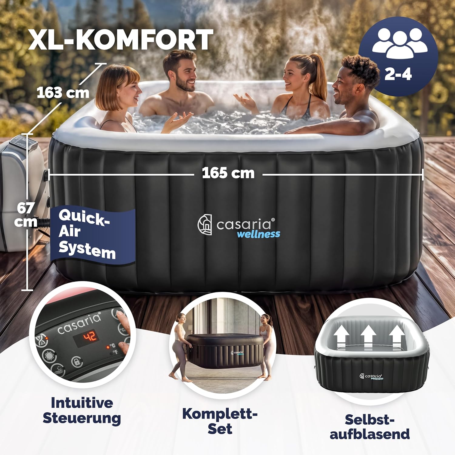 Casaria Aufblasbarer Whirlpool 4 Personen 165x165cm 100 Düsen bis 42°C Winterfest mit Frostschutz 3-lagiges PVC Spa Pool mit Abdeckung Filter & Zubehör Für In & Outdoor eckig — Ansicht 2