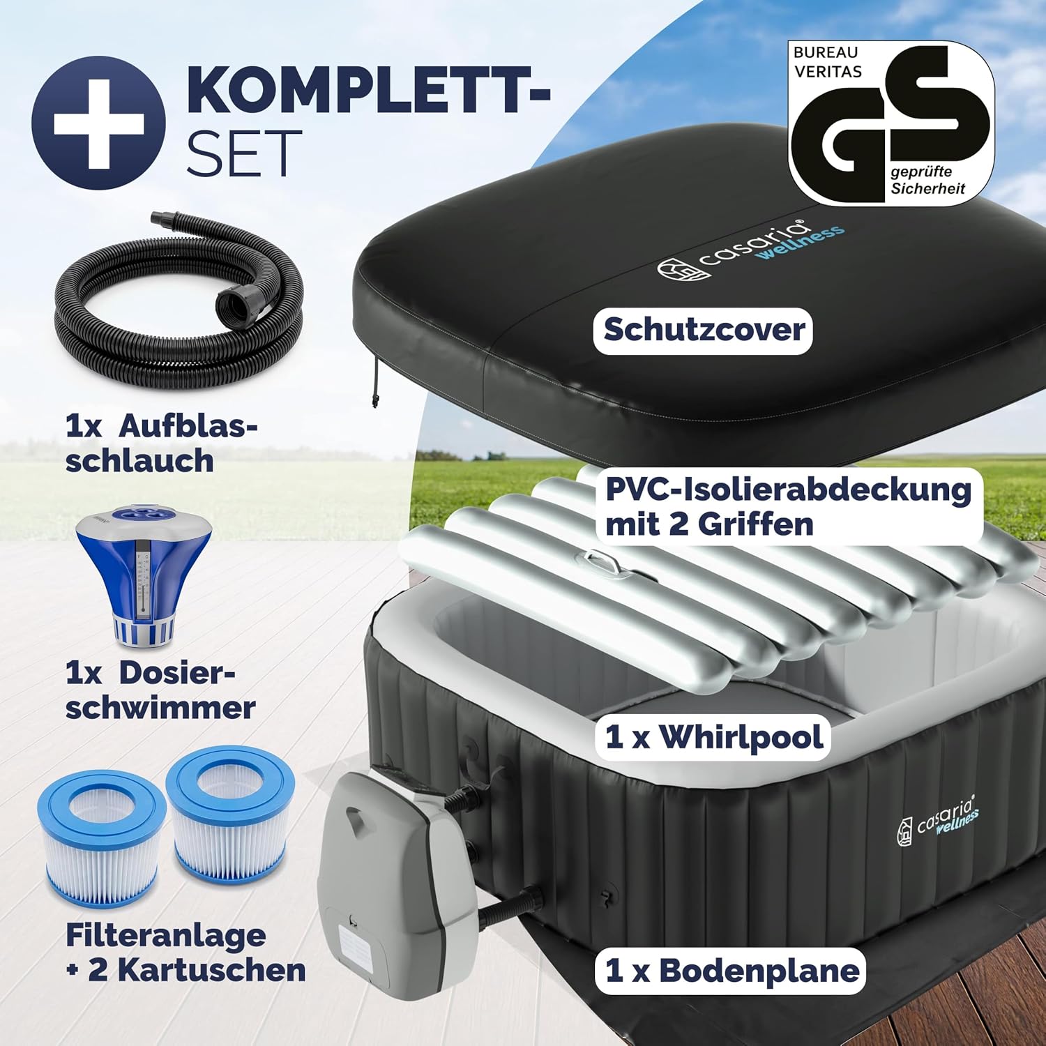 Casaria Aufblasbarer Whirlpool 4 Personen 165x165cm 100 Düsen bis 42°C Winterfest mit Frostschutz 3-lagiges PVC Spa Pool mit Abdeckung Filter & Zubehör Für In & Outdoor eckig — Ansicht 3
