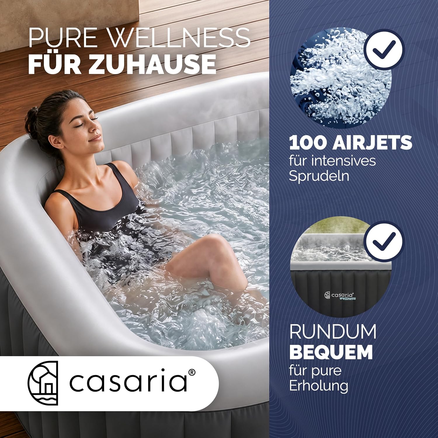 Casaria Aufblasbarer Whirlpool 4 Personen 165x165cm 100 Düsen bis 42°C Winterfest mit Frostschutz 3-lagiges PVC Spa Pool mit Abdeckung Filter & Zubehör Für In & Outdoor eckig — Ansicht 6