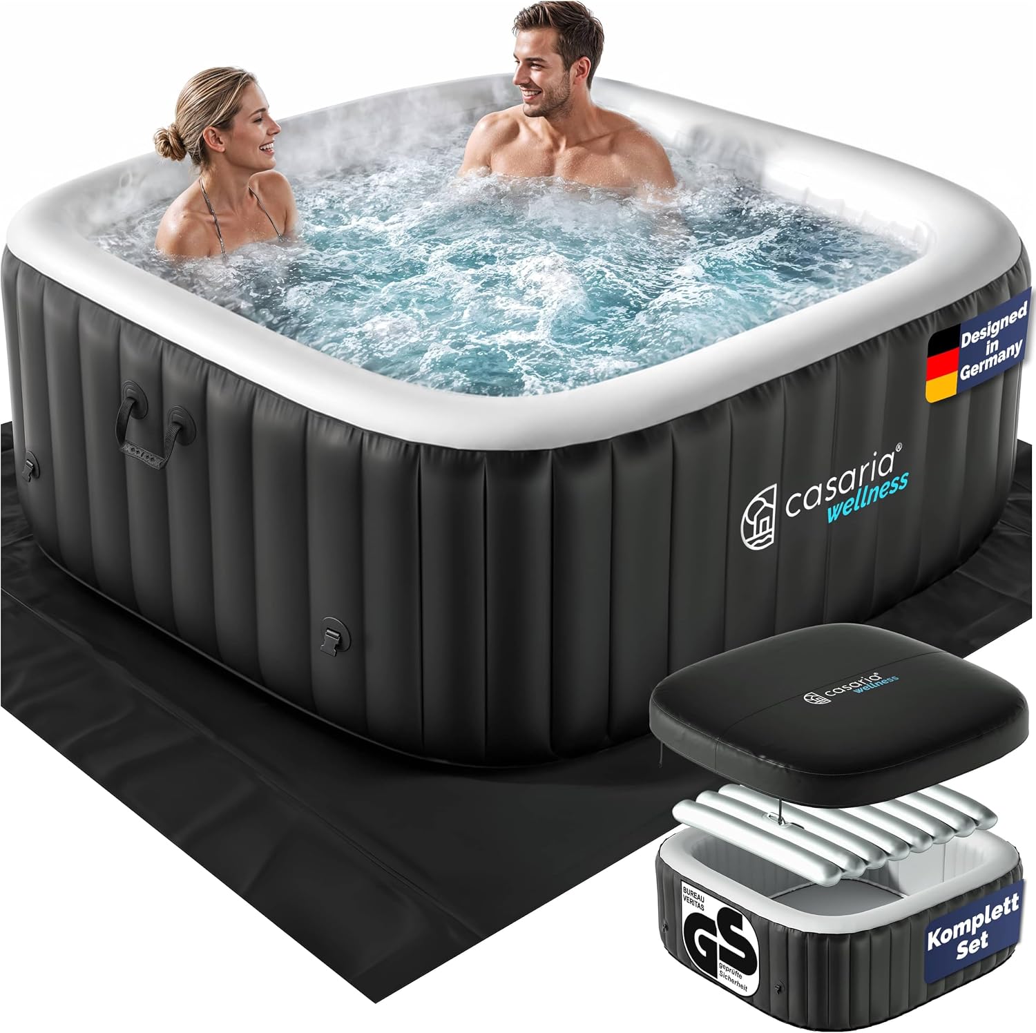 Casaria Aufblasbarer Whirlpool 4 Personen 165x165cm 100 Düsen bis 42°C Winterfest mit Frostschutz 3-lagiges PVC Spa Pool mit Abdeckung Filter & Zubehör Für In & Outdoor eckig
