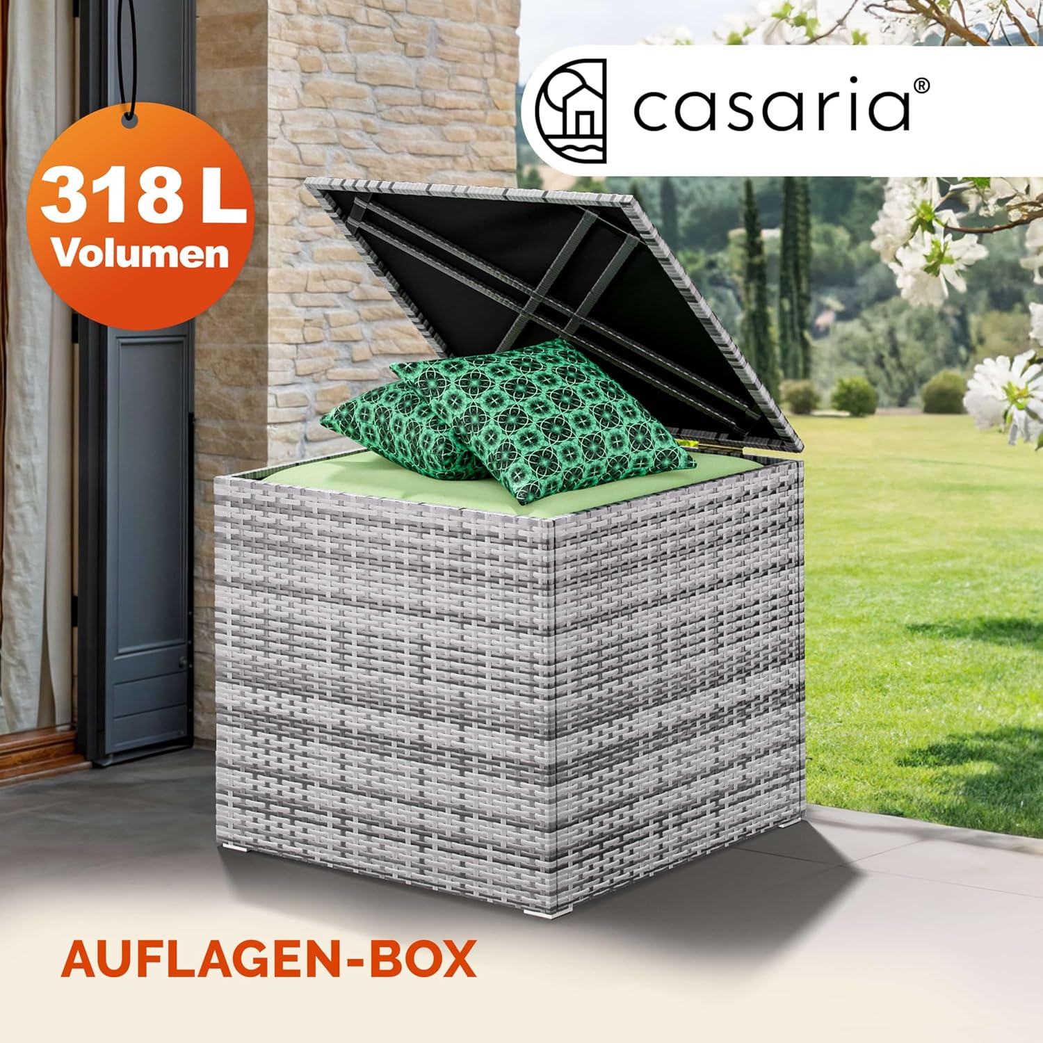 Casaria® Auflagenbox 318L Polyrattan - Wetterfeste Garten Aufbewahrungsbox für Kissen & Sitzauflagen 75x75x70cm, für Balkon, Terrasse und Garten, UV-beständig Grau — Ansicht 2