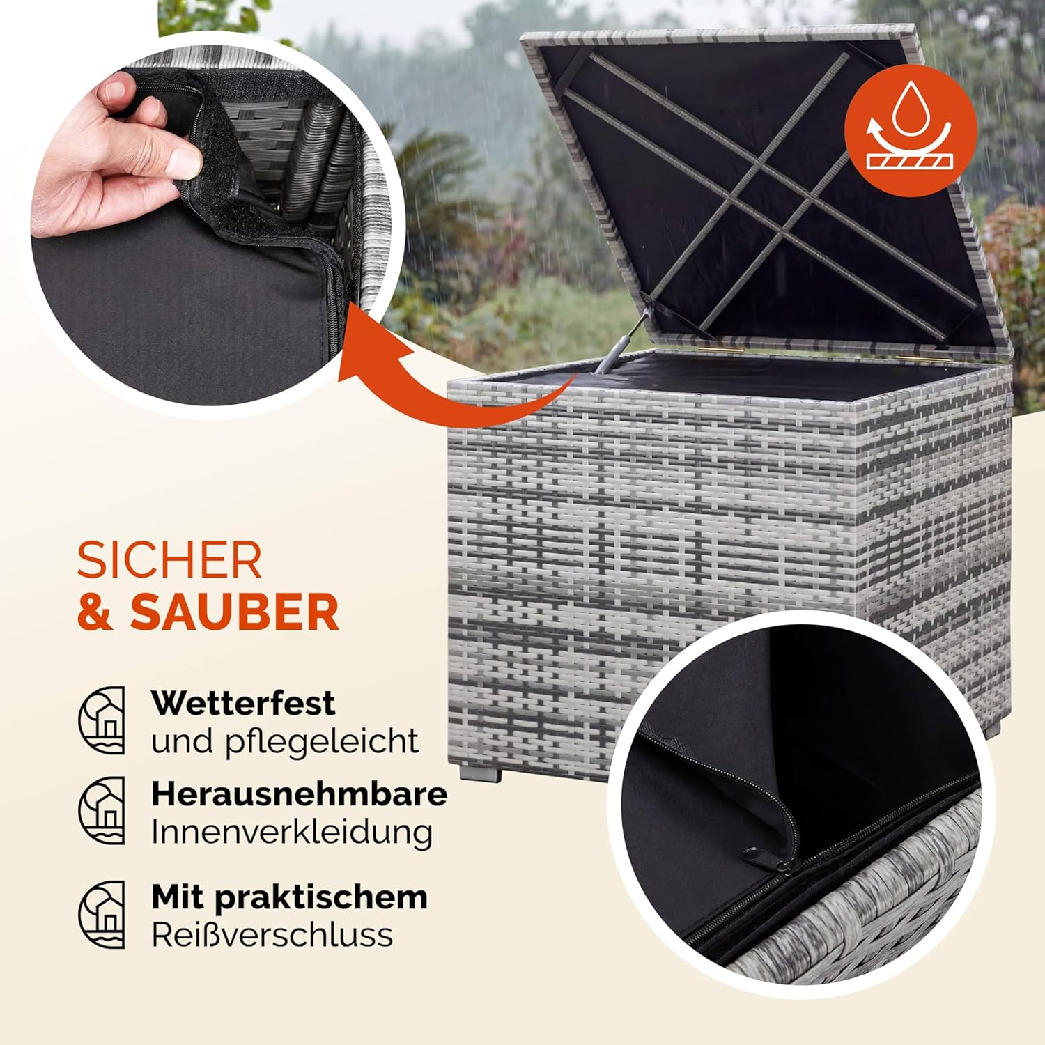Casaria® Auflagenbox 318L Polyrattan - Wetterfeste Garten Aufbewahrungsbox für Kissen & Sitzauflagen 75x75x70cm, für Balkon, Terrasse und Garten, UV-beständig Grau — Ansicht 4