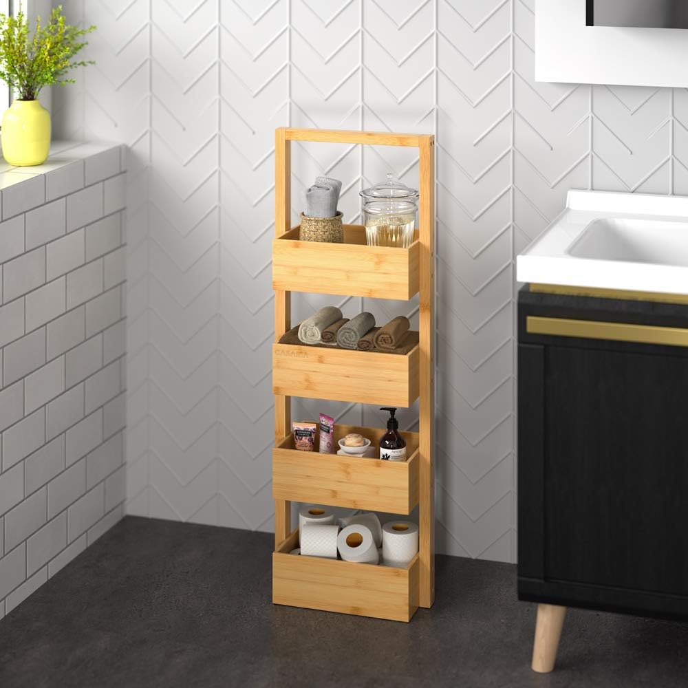 Casaria® Badregal mit 4 Körben Stehend Schmal Bambus Holz 88x16x28cm Ablagen Standregal Küche Badezimmer Küchenregal Korbregal Bad Regal Organizer — Ansicht 2