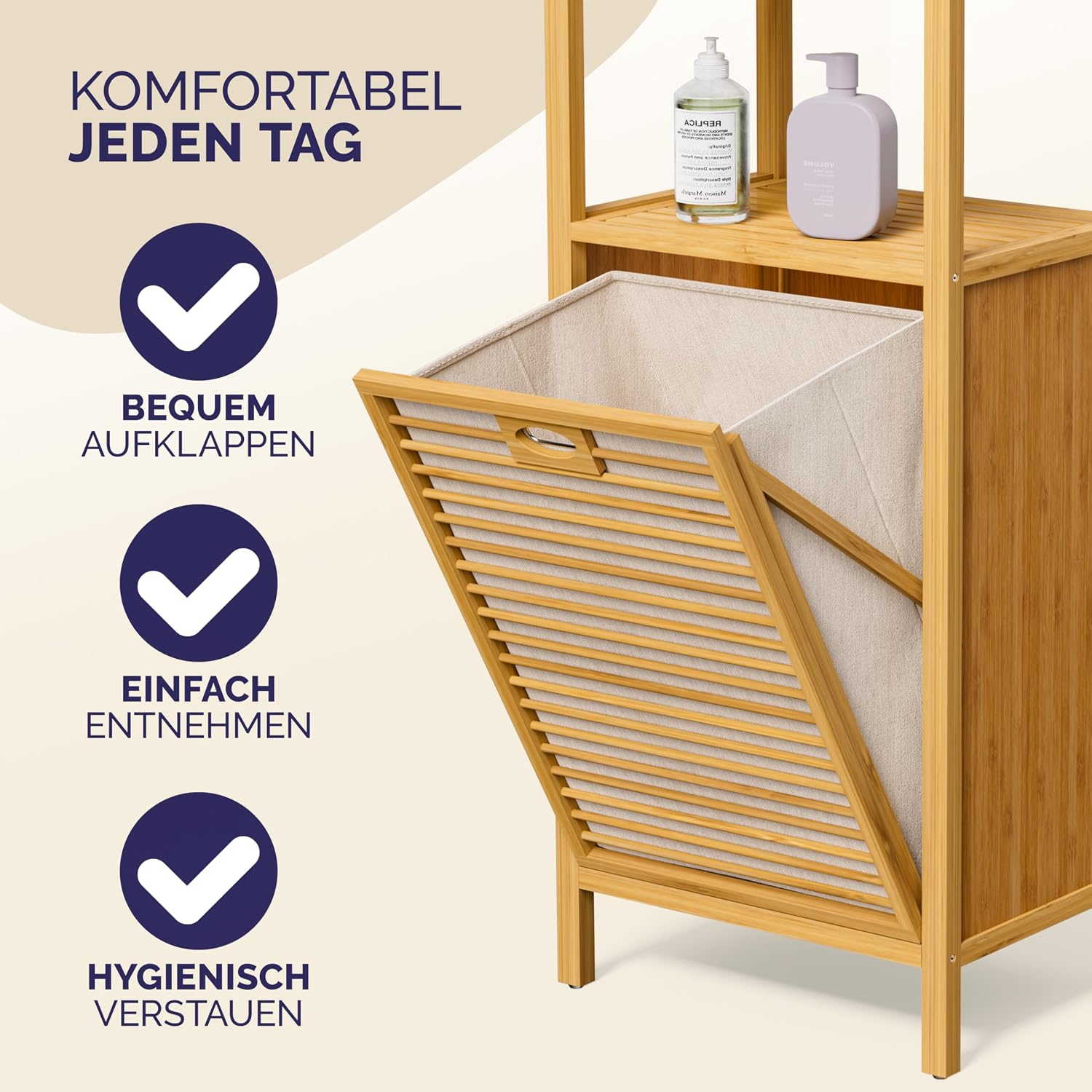 Casaria® Badregal mit Wäschekorb 40 L Wäschesammler Bambus Holz Wäschesack Herausnehmbar 96x40x30cm Groß Badezimmerregal 2 Ablagen Wäschebox Regal — Ansicht 5