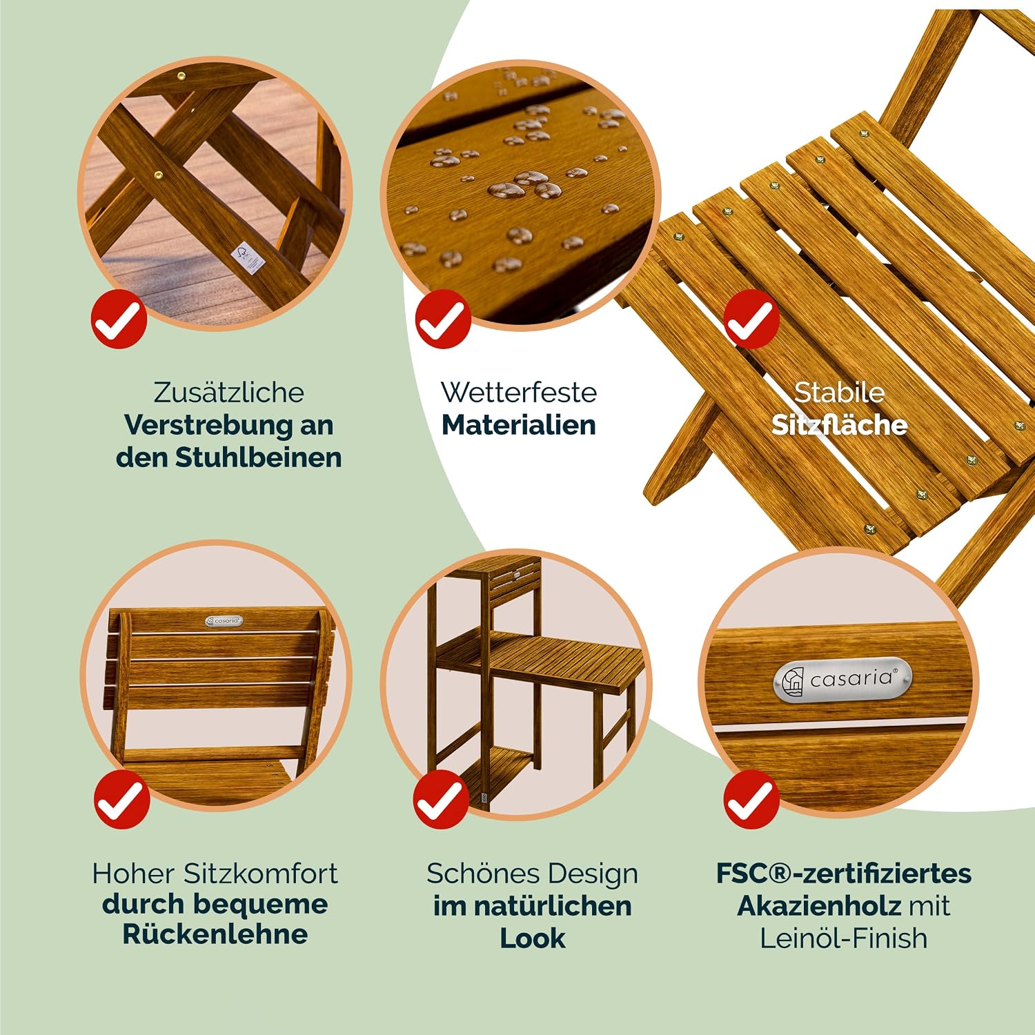 Casaria® Balkon Set 2 Personen Wetterfest Klappbar Holz FSC®-Zertifiziert 160kg Belastbarkeit 94x61x117cm Garten Balkon Terrasse 3-teilig Balkonmöbel — Ansicht 5