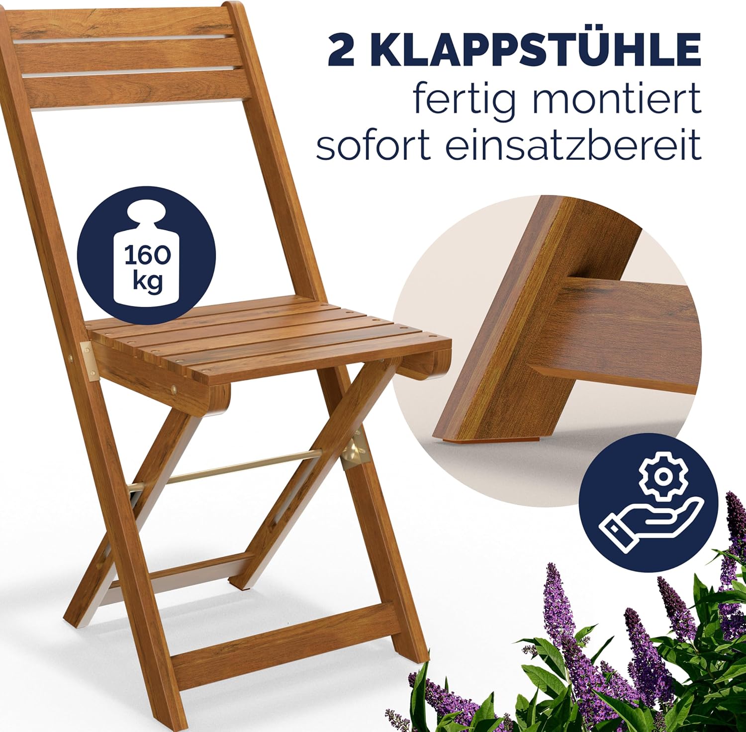 Casaria® Balkonmöbel Set 2 Personen Wetterfest Holz Vormontiert Klappbar 110kg Belastbarkeit Balkon Garten Terrassenmöbel Gartenmöbel 3-TLG Akazie — Ansicht 3