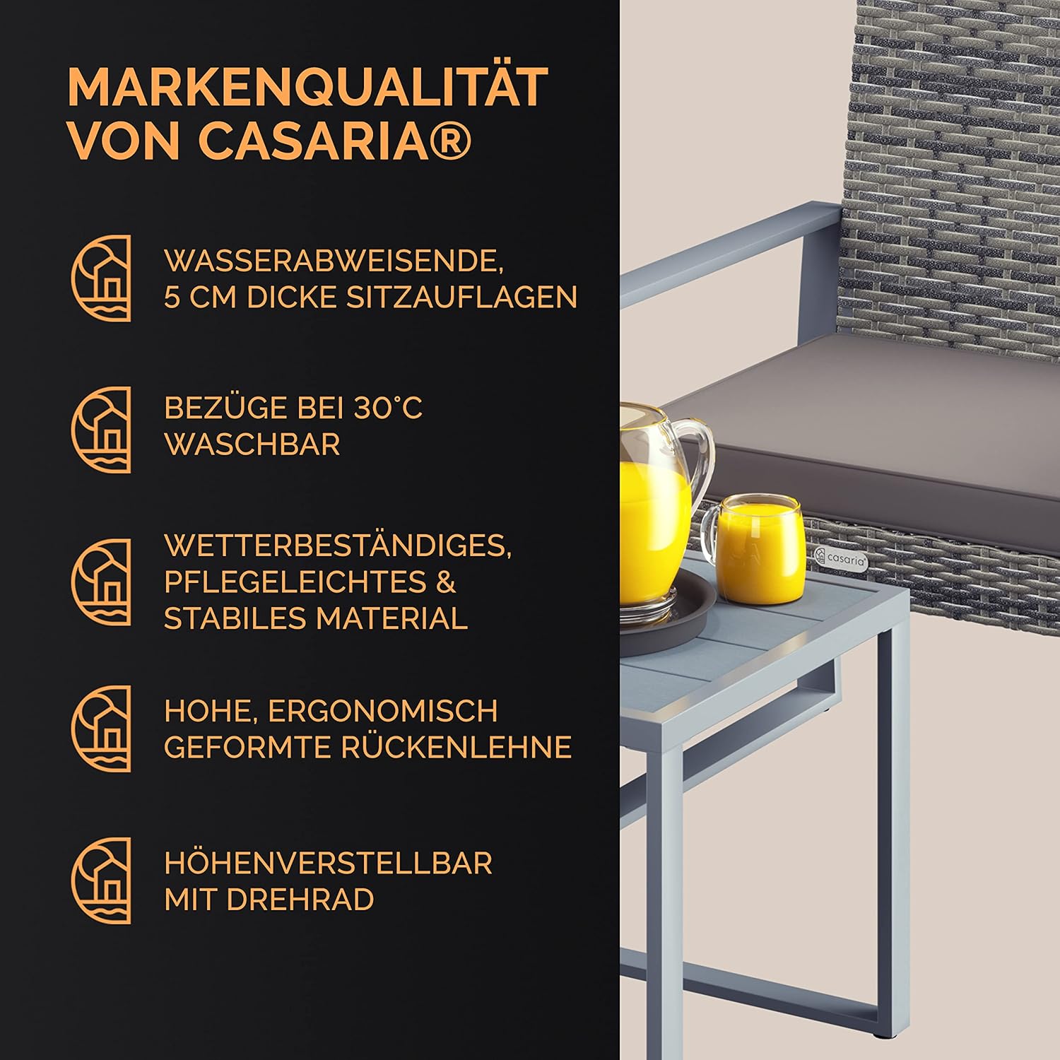 Casaria® Balkonmöbel Set WPC Tisch 160kg Belastbarkeit Polyrattan 2 Stühle Auflagen höhenverstellbare Füße Outdoor Wetterfest Garten Balkon Möbel Lounge Grau — Ansicht 3
