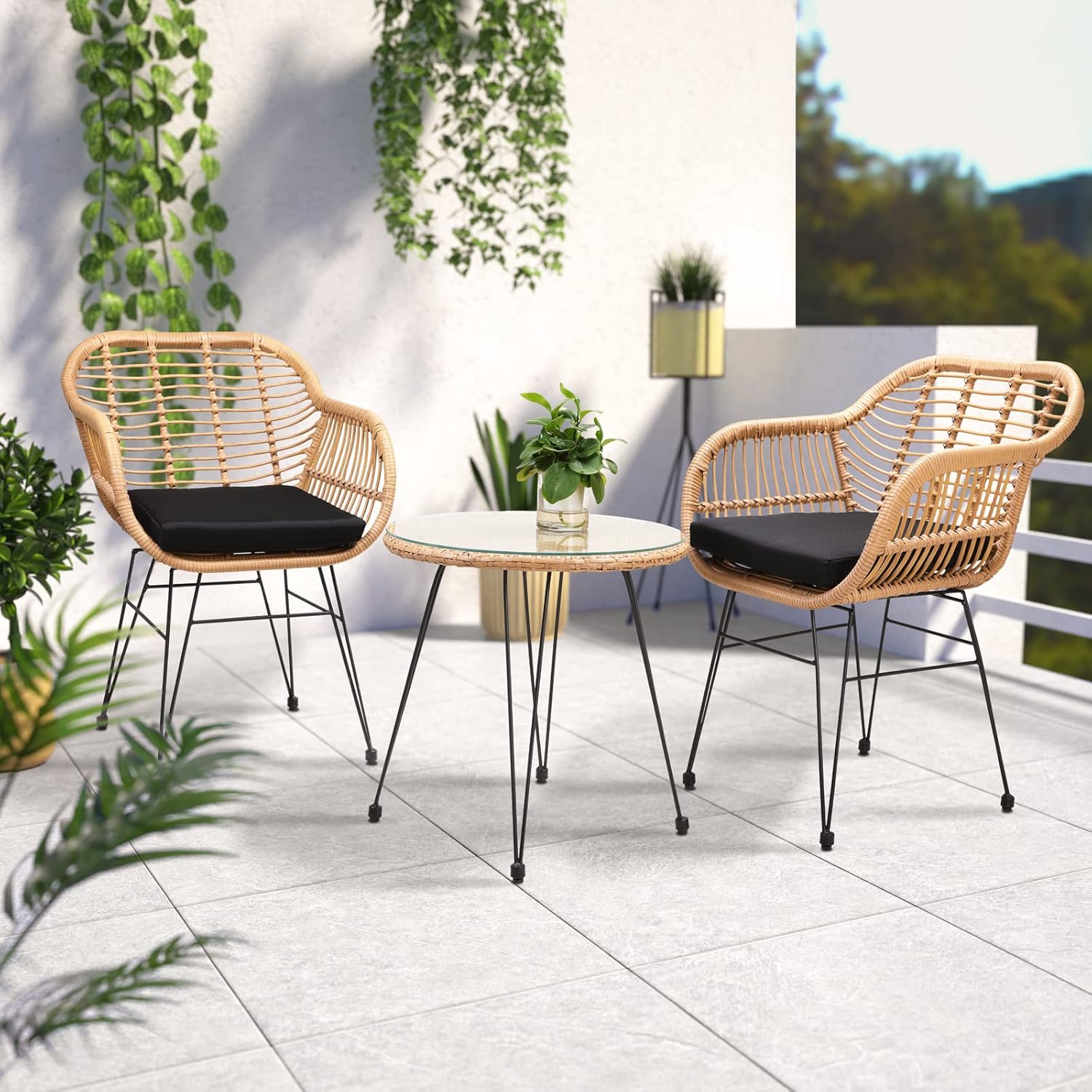 Casaria® Balkonset 3 teilig 5cm Auflagen Wetterfest 5mm Sicherheitsglasplatte Höhenverstellbar Rattan Look Outdoor Terrasse Balkon Gartenmöbel Korbsessel — Ansicht 2