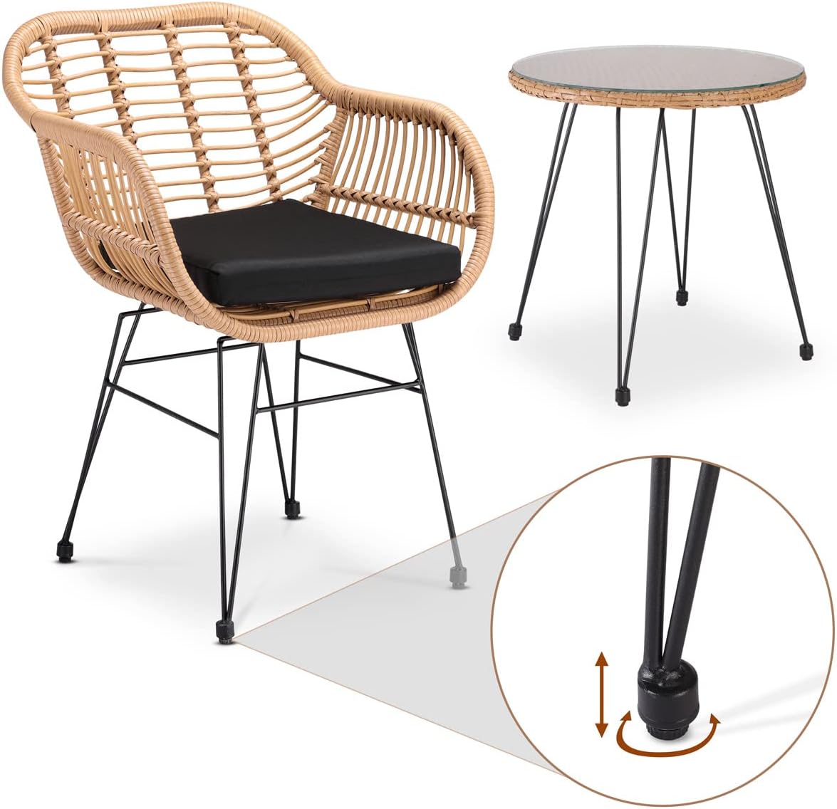 Casaria® Balkonset 3 teilig 5cm Auflagen Wetterfest 5mm Sicherheitsglasplatte Höhenverstellbar Rattan Look Outdoor Terrasse Balkon Gartenmöbel Korbsessel — Ansicht 5