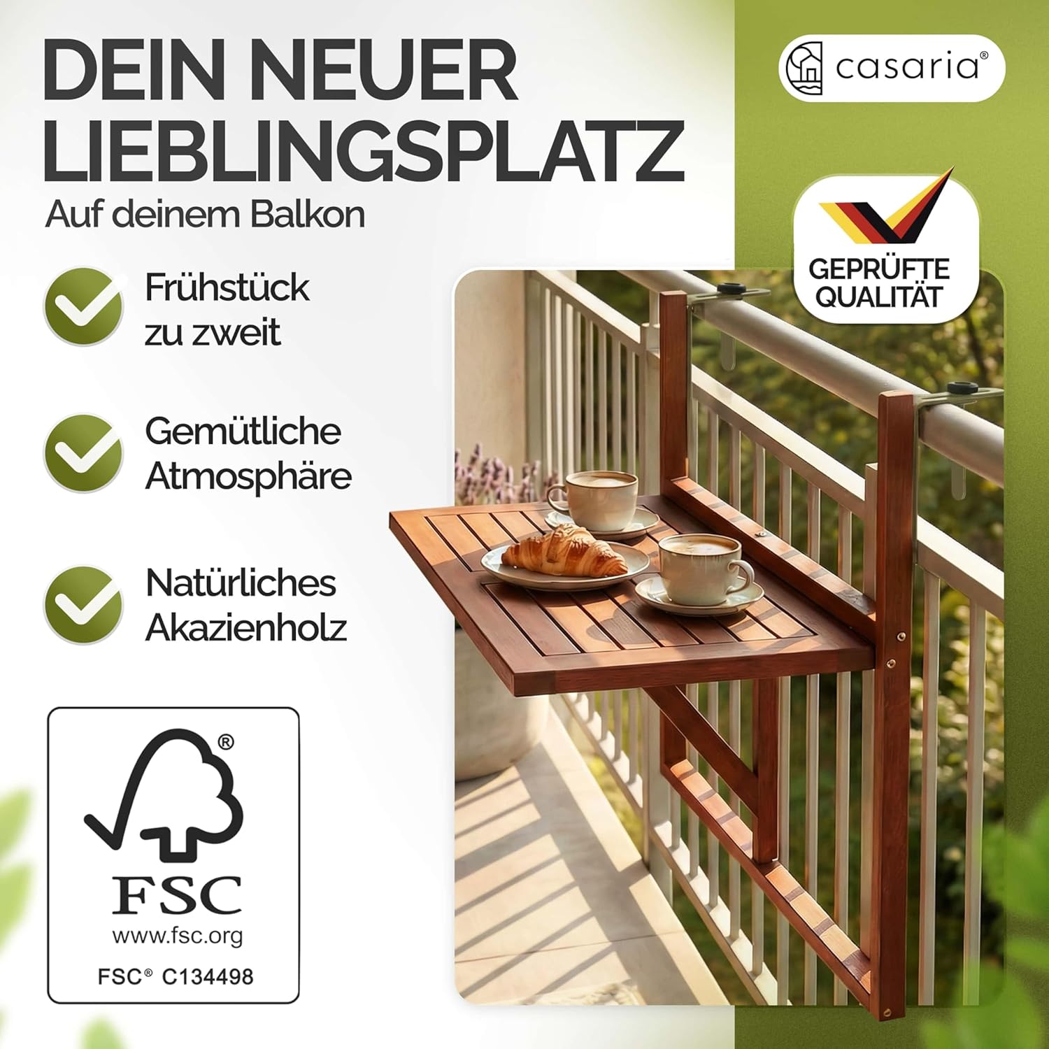 Casaria® Balkontisch klappbar wetterfest Holz FSC®-Zertifiziert 40kg Belastbarkeit 65x45cm Klapptisch Balkon Garten Tisch Geländer Terrasse Akazie — Ansicht 4