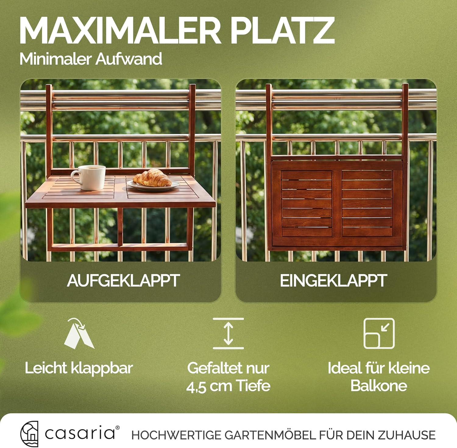 Casaria® Balkontisch klappbar wetterfest Holz FSC®-Zertifiziert 40kg Belastbarkeit 65x45cm Klapptisch Balkon Garten Tisch Geländer Terrasse Akazie — Ansicht 6