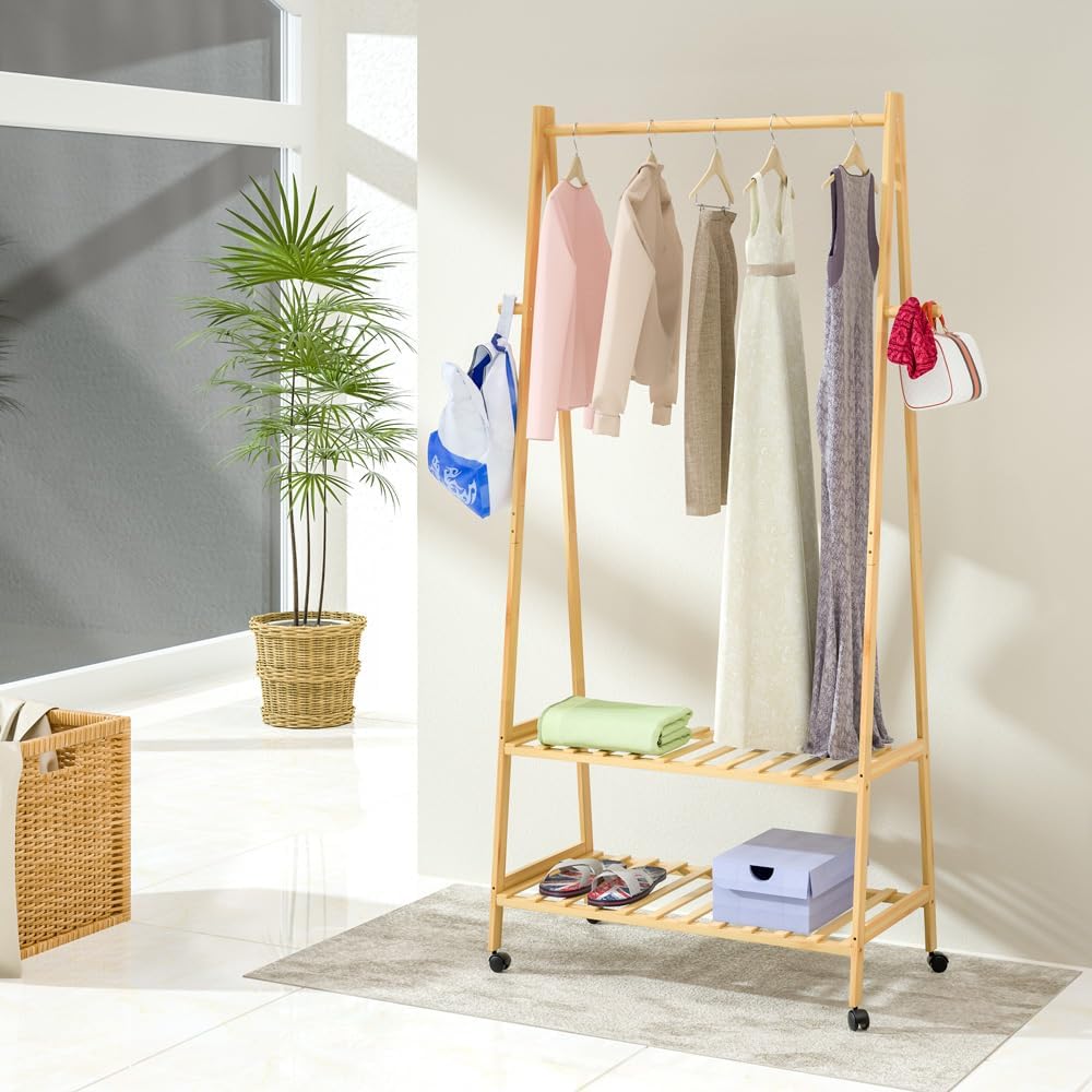Casaria® Bambus Kleiderständer auf Rollen stabile Kleiderstange mit Ablagen & Haken platzsparender Garderobenständer aus Holz für Flur & Schlafzimmer — Ansicht 2