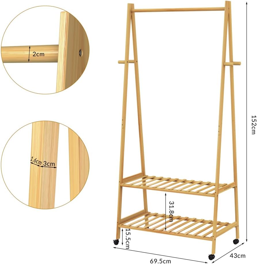Casaria® Bambus Kleiderständer auf Rollen stabile Kleiderstange mit Ablagen & Haken platzsparender Garderobenständer aus Holz für Flur & Schlafzimmer — Ansicht 3