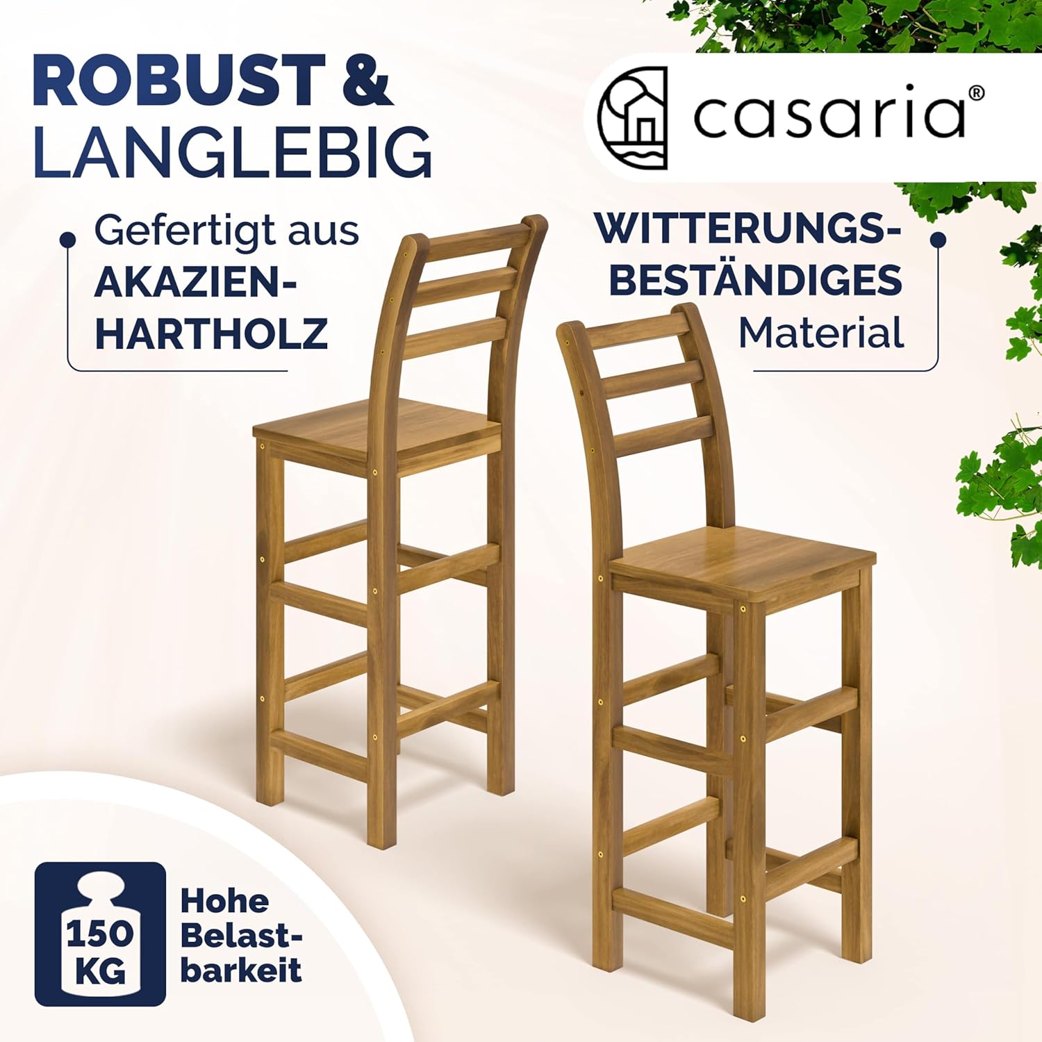Casaria® Barhocker 2er Set Holz mit Lehne Outdoor 75cm Sitzhöhe Akazie 150kg Belastbarkeit Fußstütze Massiv Rustikal Garten Küche Bar Stuhl Hocker Braun — Ansicht 3