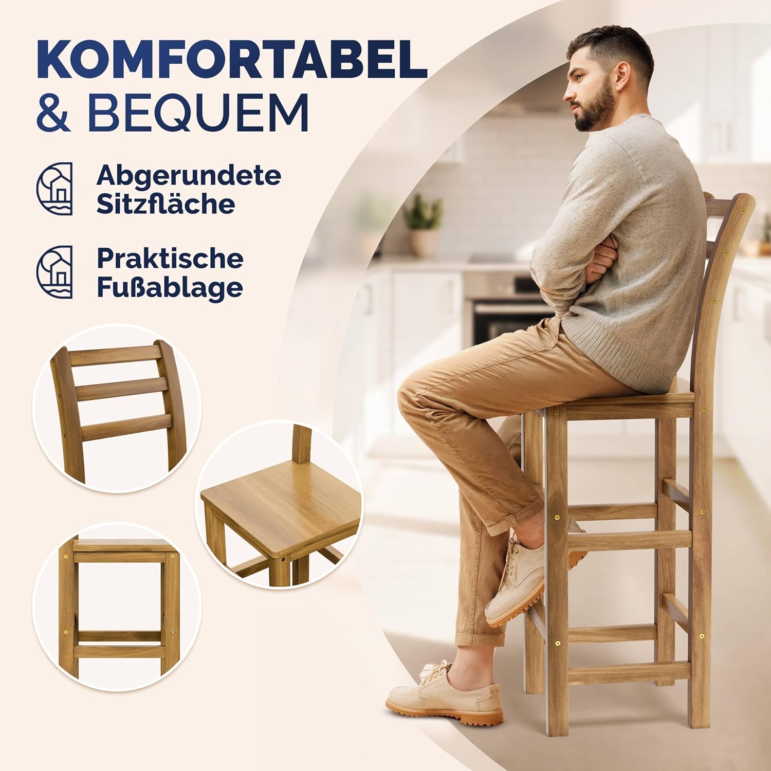 Casaria® Barhocker 2er Set Holz mit Lehne Outdoor 75cm Sitzhöhe Akazie 150kg Belastbarkeit Fußstütze Massiv Rustikal Garten Küche Bar Stuhl Hocker Braun — Ansicht 4