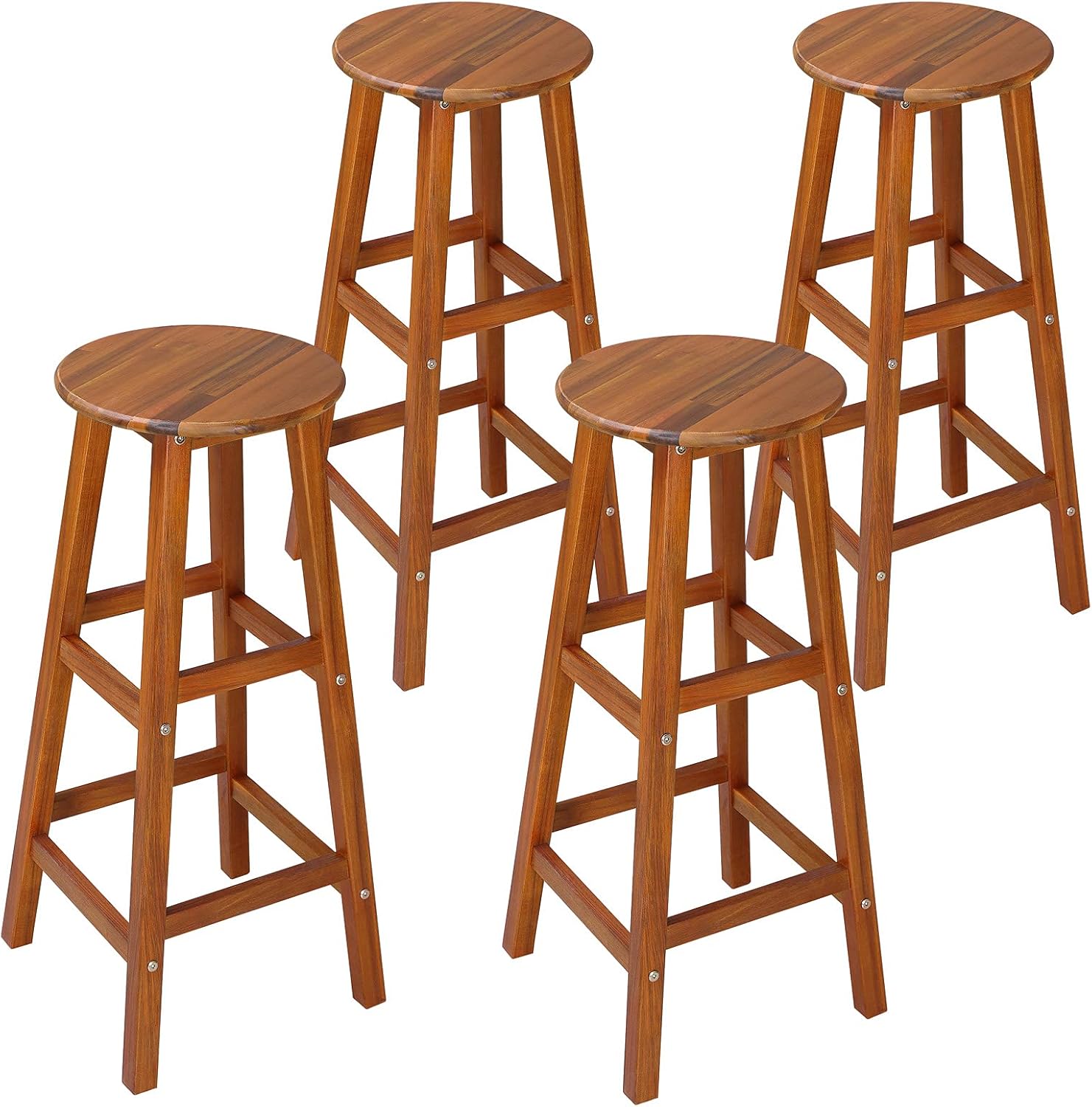Casaria® Barhocker 4er Set Holz Akazie Outdoor 75cm Sitzhöhe Fußstütze 150kg Belastbarkeit Massiv Rund Rustikal Garten Küche Bar Stuhl Hocker Braun
