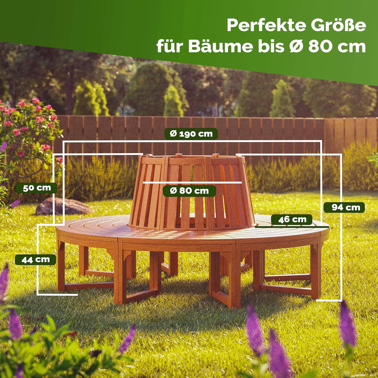 Casaria® Baumbank Sitzbank Wetterfest Holz FSC®-Zertifiziert 320kg Belastbarkeit Rückenlehne 360° Rundbank Garten Bank Baumbank Eukalyptus Ø190x80cm Braun — Ansicht 2