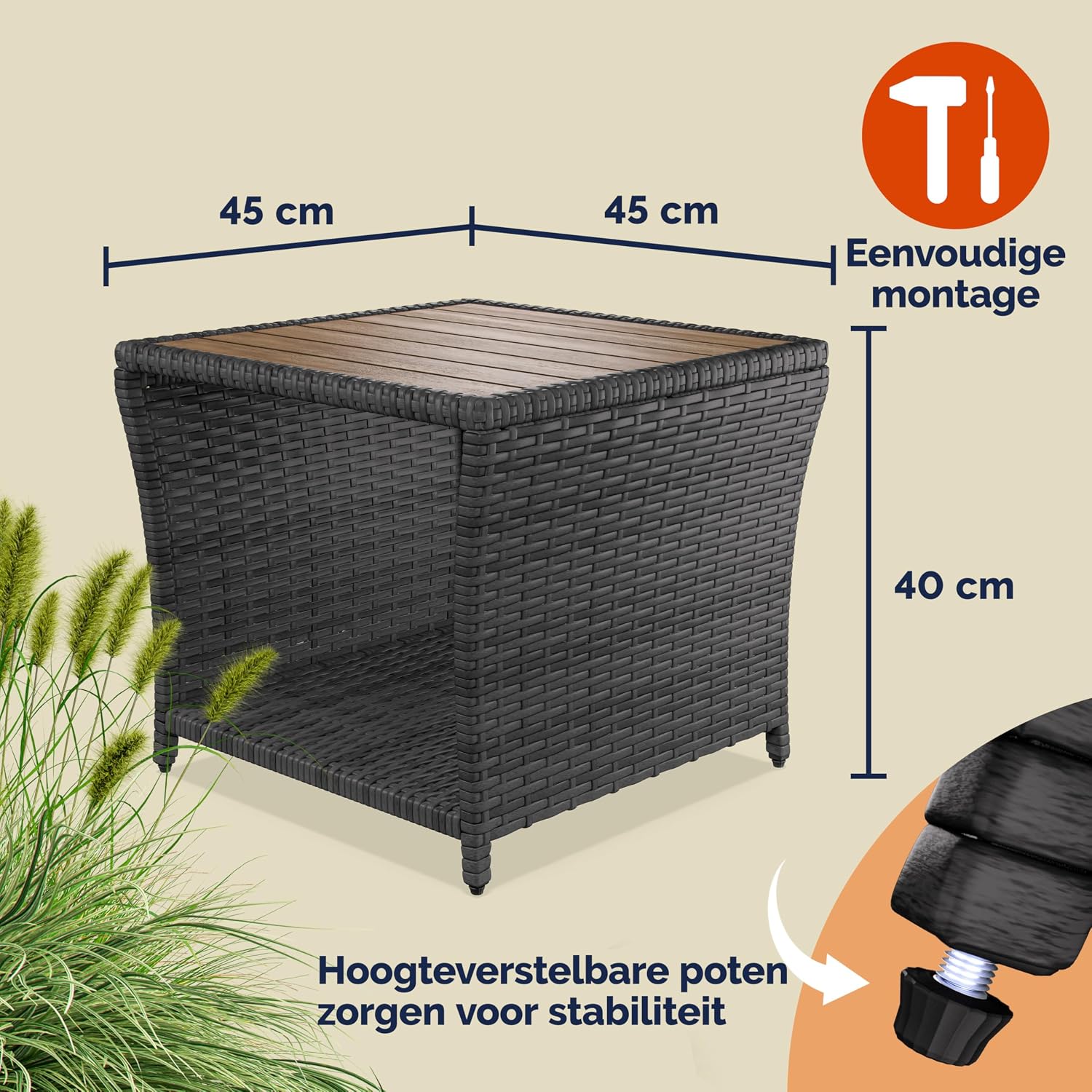 Casaria® Beistelltisch Grau Wetterfest Klein Holz Polyrattan Akazie 45x45x40cm 80kg Belastbarkeit Outdoor Tisch Gartentisch Balkontisch Gartenmöbel — Ansicht 2