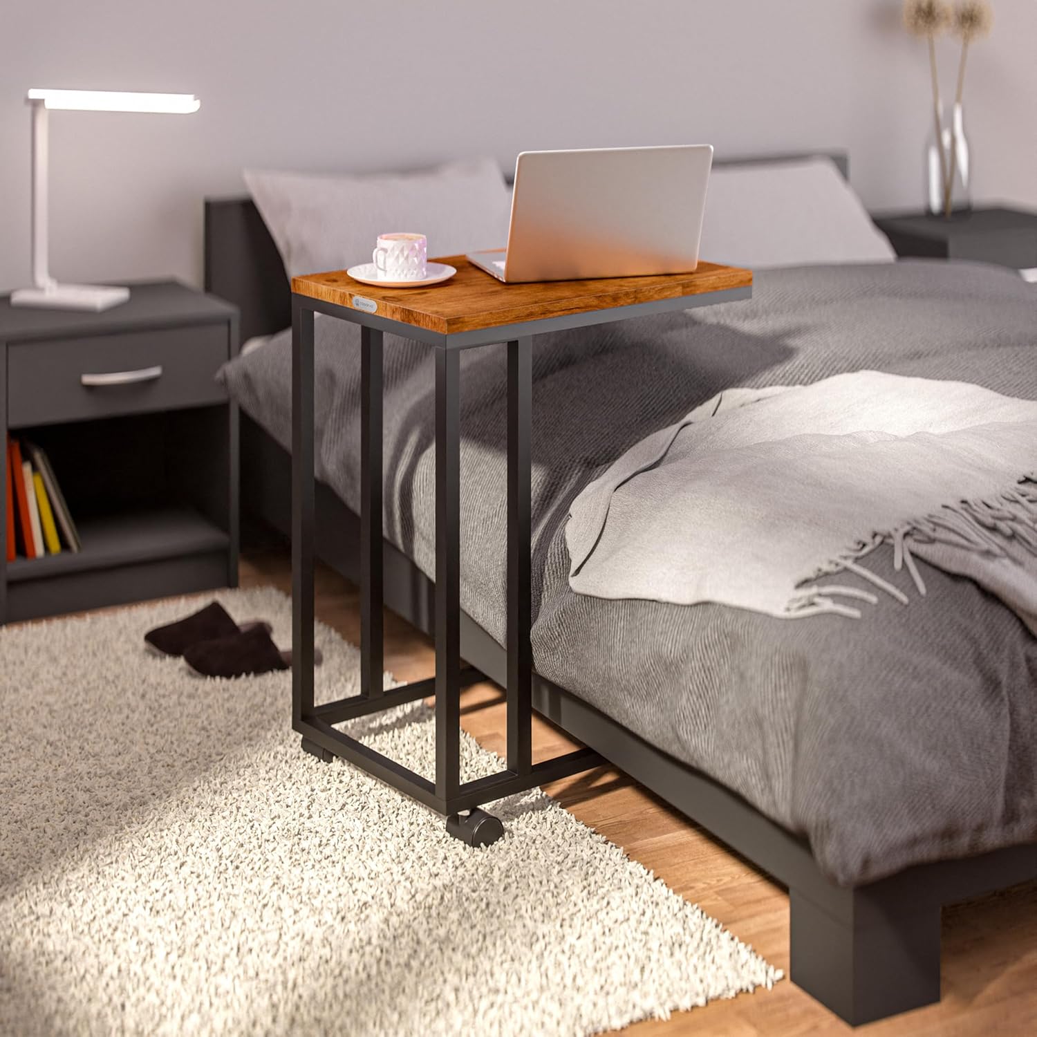 Casaria® Beistelltisch Holz Couch Schwarz 40kg Belastbarkeit 70cm Hoch 50x35cm Tisch Klein mit Rollen Laptop Kaffeetisch C Form Wohnzimmer Nachttisch Gestell aus Metall — Ansicht 2