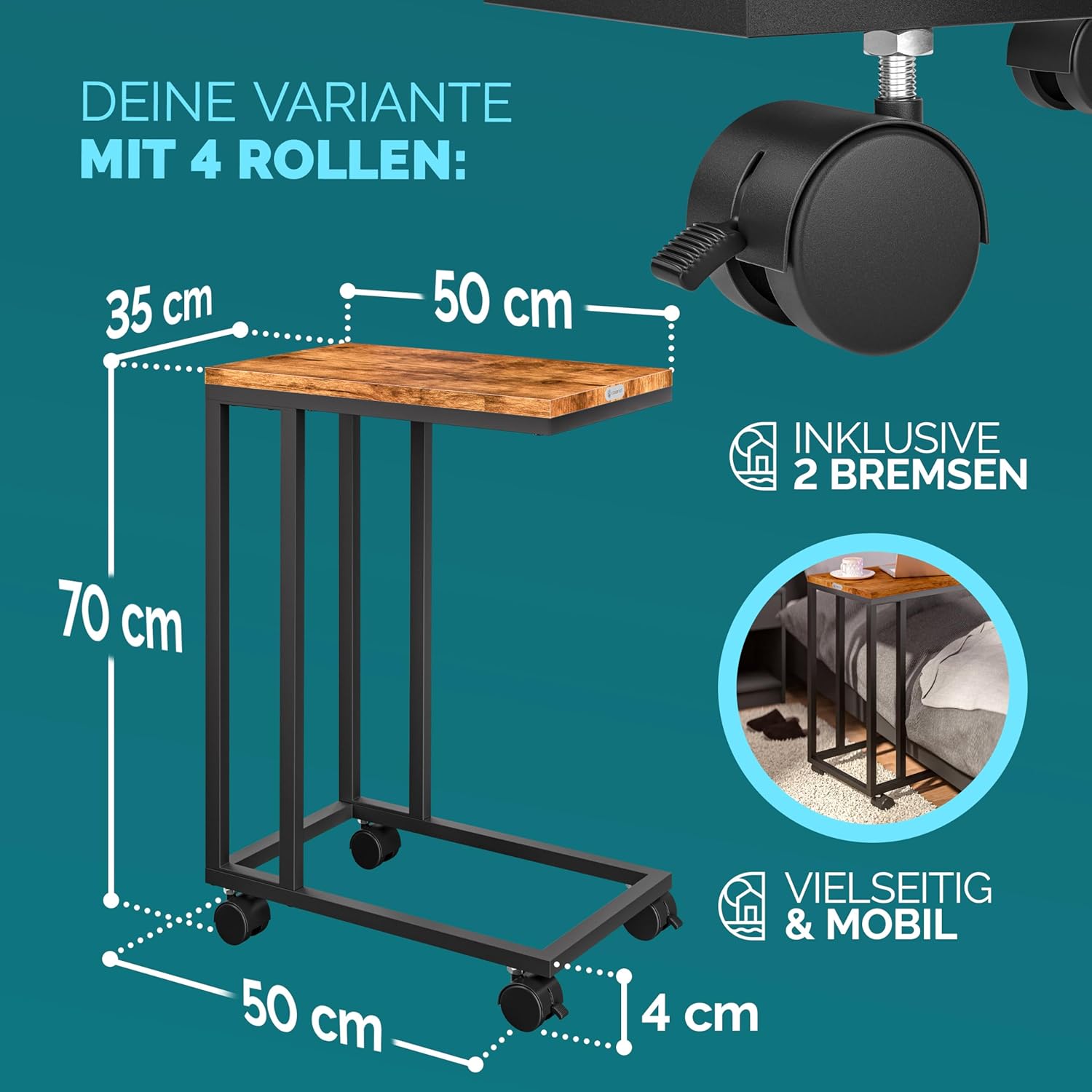 Casaria® Beistelltisch Holz Couch Schwarz 40kg Belastbarkeit 70cm Hoch 50x35cm Tisch Klein mit Rollen Laptop Kaffeetisch C Form Wohnzimmer Nachttisch Gestell aus Metall — Ansicht 3