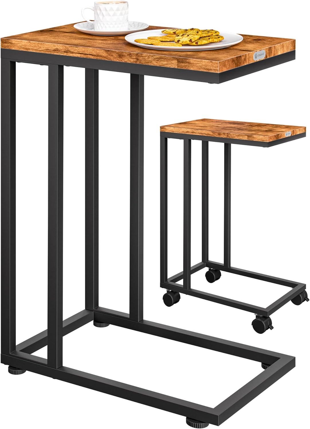 Casaria® Beistelltisch Holz Couch Schwarz 40kg Belastbarkeit 70cm Hoch 50x35cm Tisch Klein mit Rollen Laptop Kaffeetisch C Form Wohnzimmer Nachttisch Gestell aus Metall