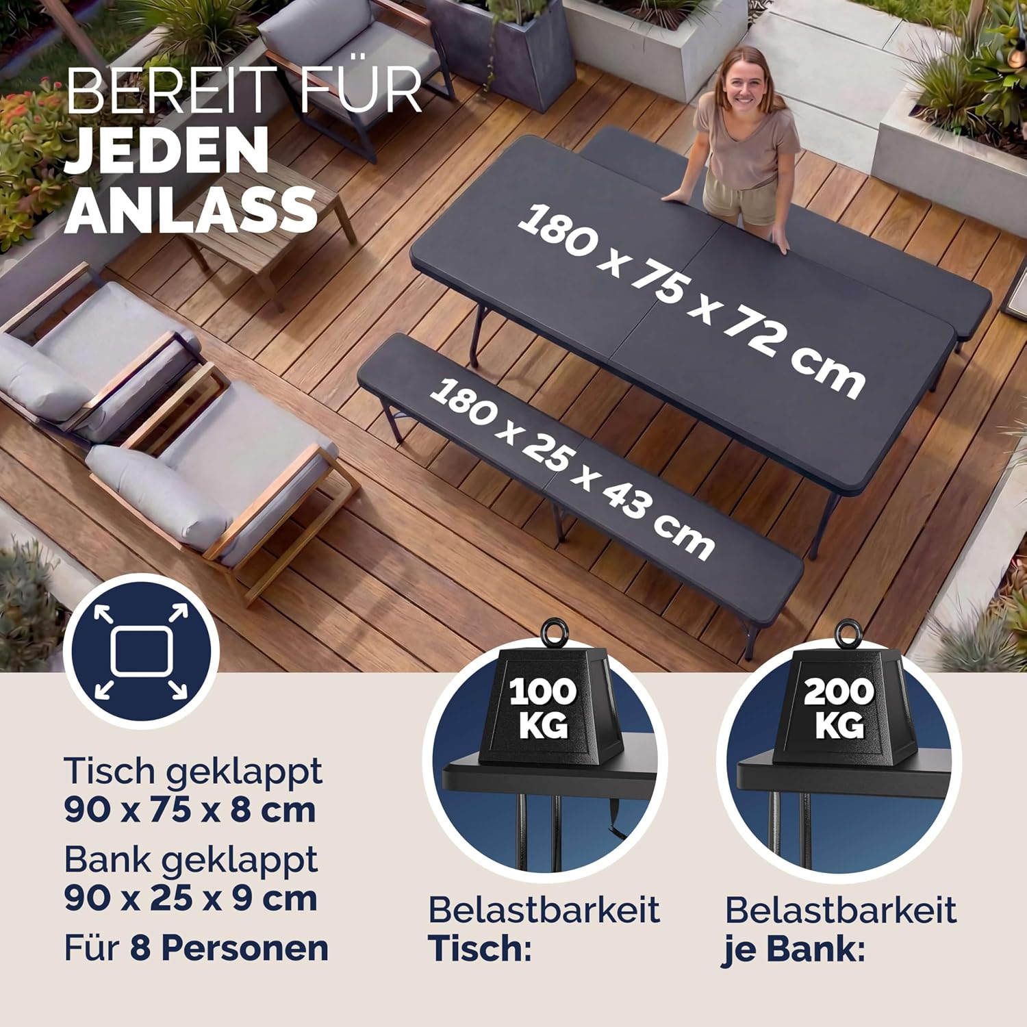 CASARIA® Bierzeltgarnitur 180 cm Klappbar Bierbank Breiter Tisch Kunststoff Bierbänke Biertisch Festzelt Biergarnitur Klapptisch Camping Biergarten — Ansicht 2