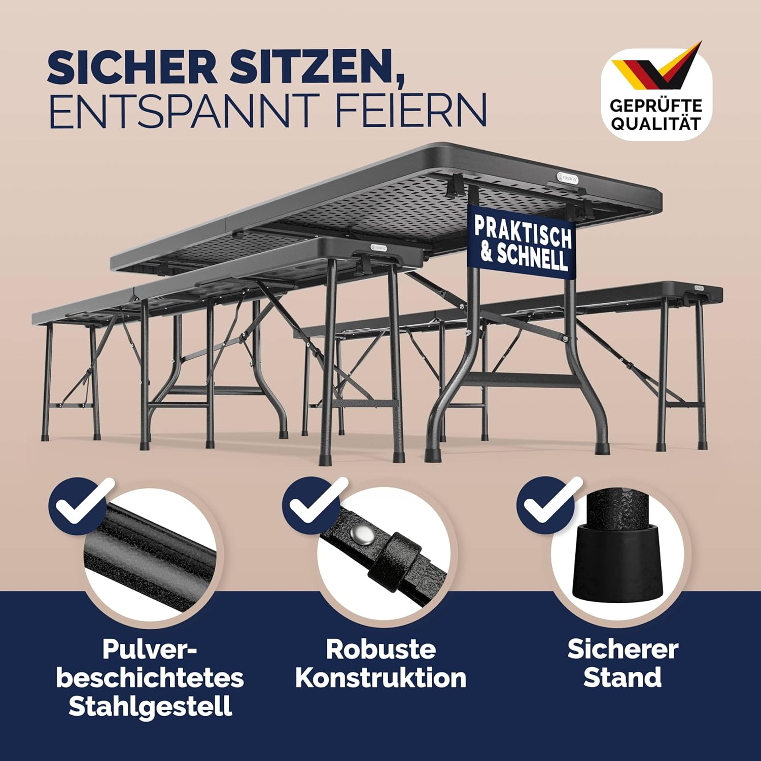 CASARIA® Bierzeltgarnitur 180 cm Klappbar Bierbank Breiter Tisch Kunststoff Bierbänke Biertisch Festzelt Biergarnitur Klapptisch Camping Biergarten — Ansicht 3