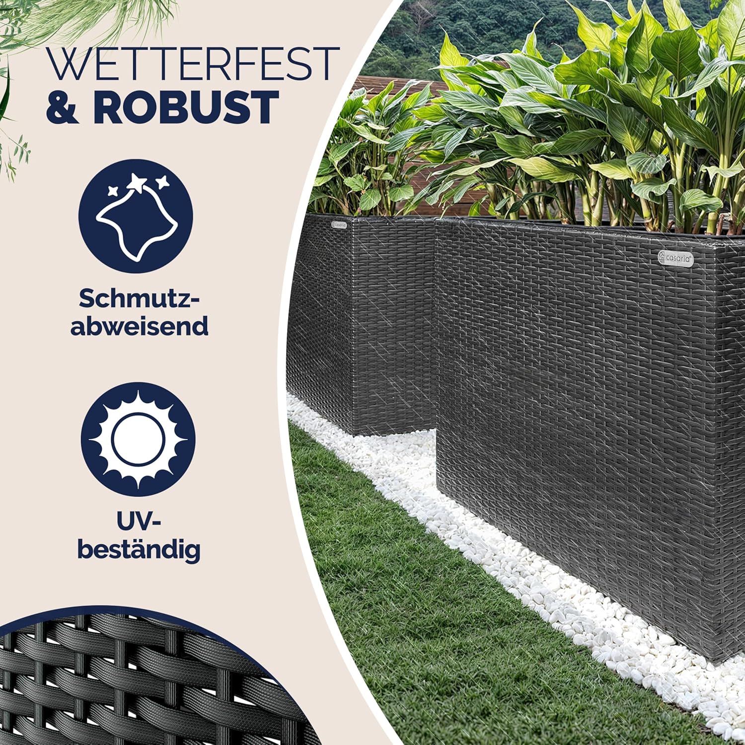Casaria® Blumenkasten 3 Innentöpfe Polyrattan Herausnehmbar Wasserablauf Outdoor Rechteckig Pflanzkasten Blumentopf Hochbeet Pflanzkübel Schwarz — Ansicht 2