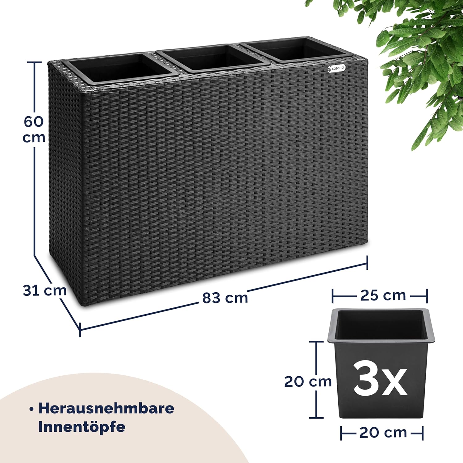 Casaria® Blumenkasten 3 Innentöpfe Polyrattan Herausnehmbar Wasserablauf Outdoor Rechteckig Pflanzkasten Blumentopf Hochbeet Pflanzkübel Schwarz — Ansicht 3