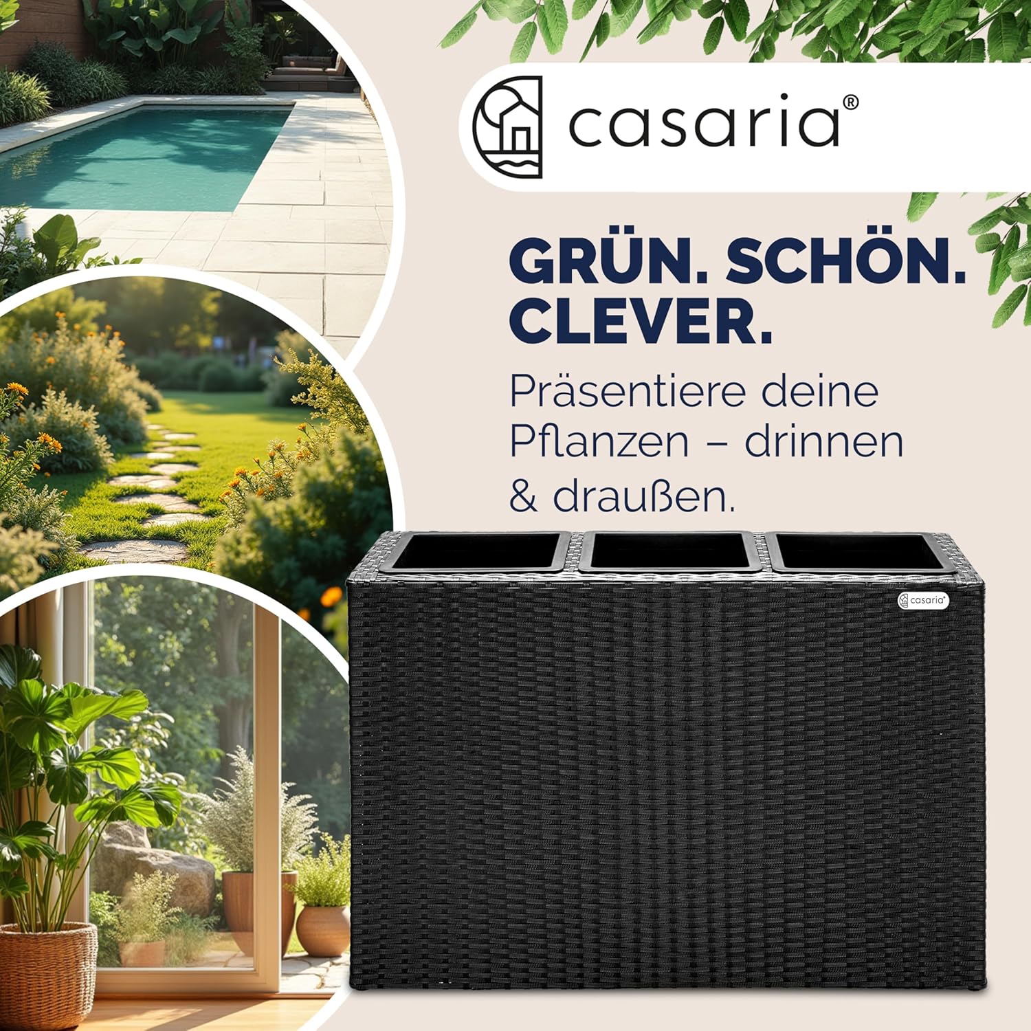 Casaria® Blumenkasten 3 Innentöpfe Polyrattan Herausnehmbar Wasserablauf Outdoor Rechteckig Pflanzkasten Blumentopf Hochbeet Pflanzkübel Schwarz — Ansicht 4