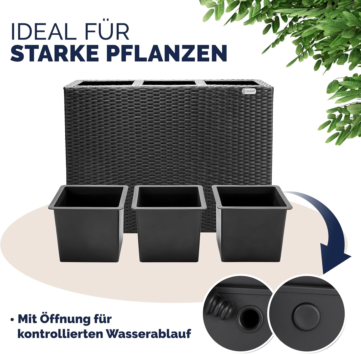Casaria® Blumenkasten 3 Innentöpfe Polyrattan Herausnehmbar Wasserablauf Outdoor Rechteckig Pflanzkasten Blumentopf Hochbeet Pflanzkübel Schwarz — Ansicht 5