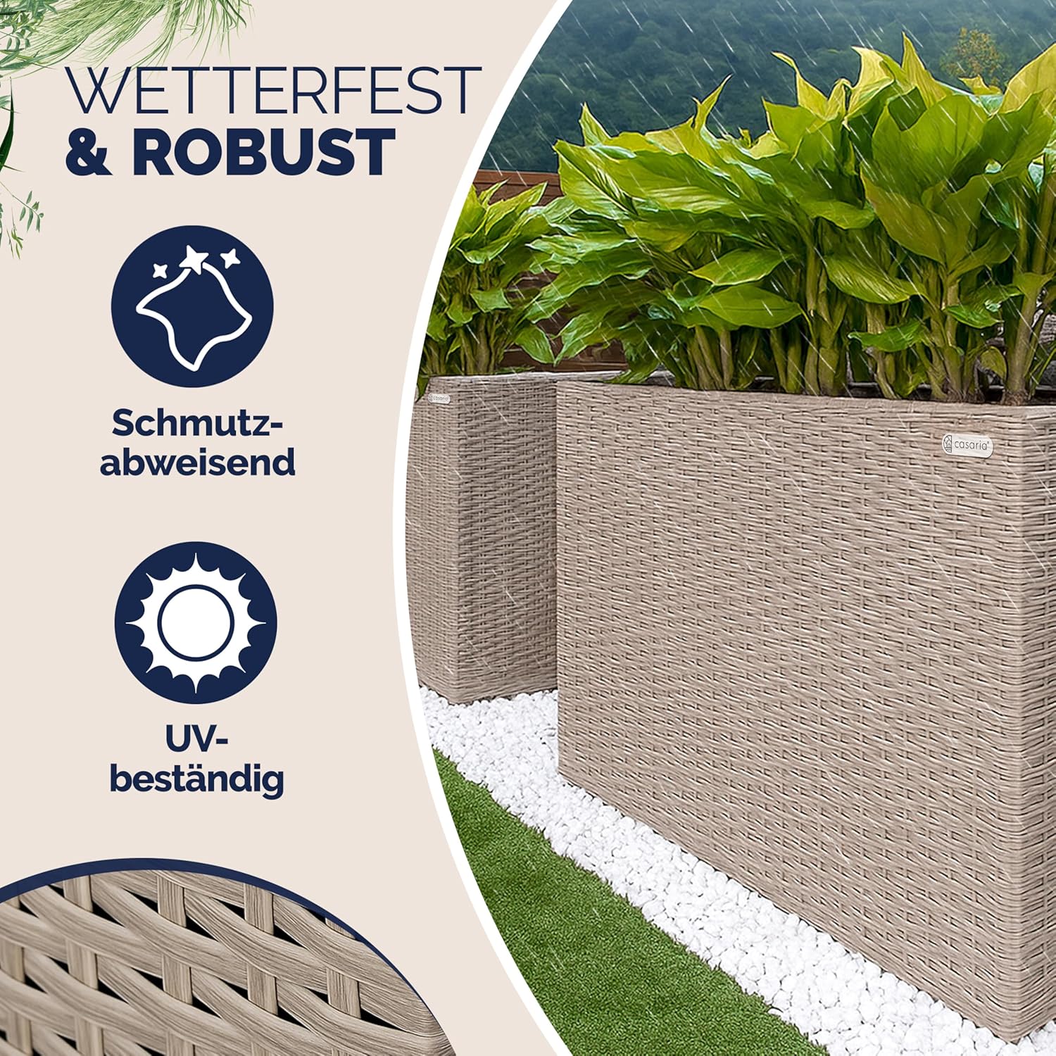 Casaria® Blumenkasten 4 Innentöpfe Polyrattan Herausnehmbar Wasserablauf Outdoor Rechteckig Pflanzkasten Blumentopf Hochbeet Pflanzkübel Creme — Ansicht 2