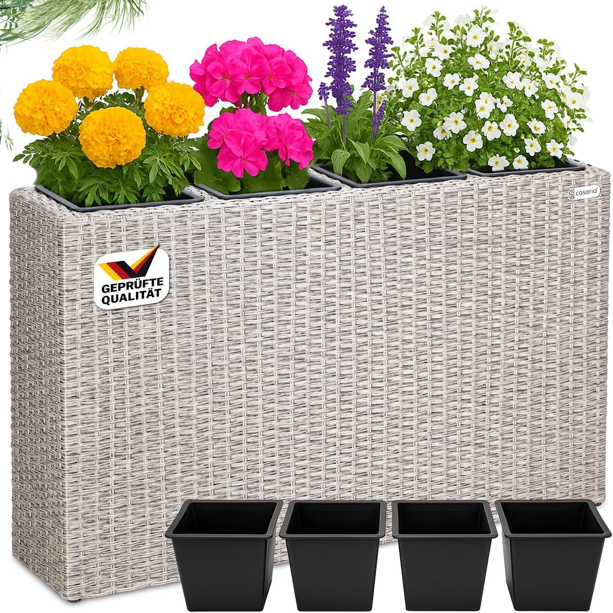 Casaria® Blumenkasten 4 Innentöpfe Polyrattan Herausnehmbar Wasserablauf Outdoor Rechteckig Pflanzkasten Blumentopf Hochbeet Pflanzkübel Creme